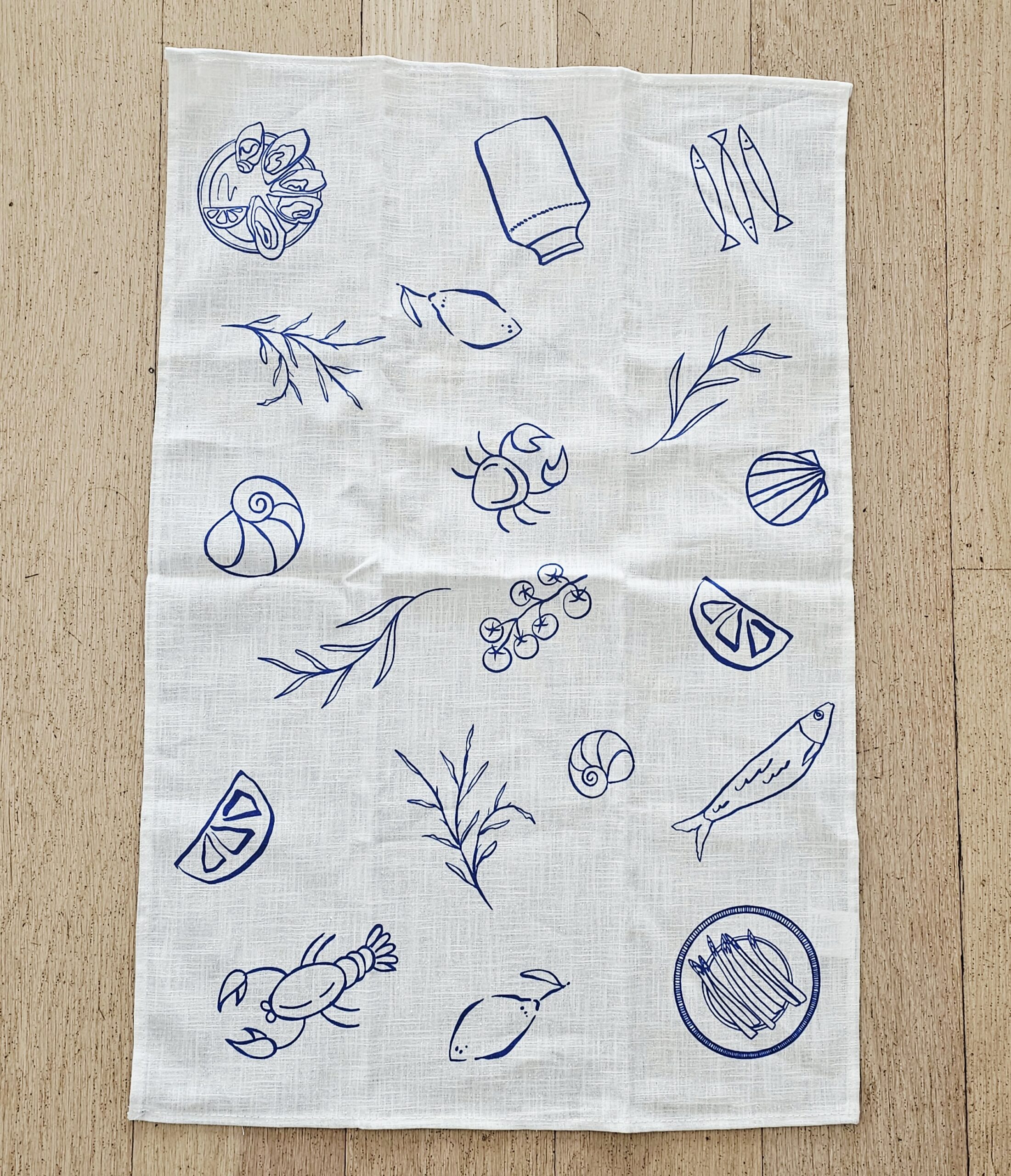 Teatowel - Seafood Feast - morpeth antique centre hunter valley tea towel cotton linen seafood feast lobster crayfish lemon thyme dill herbs oysters scallop anchovy herring sardine olive oil cherry tomato crab crustacians vintage road trip