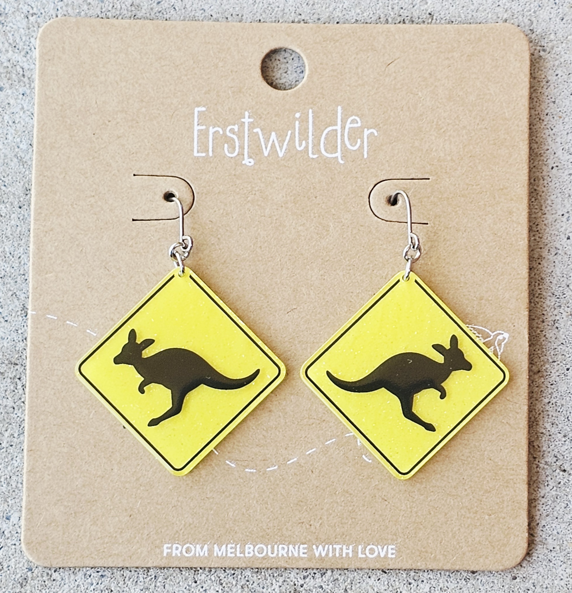 Erstwilder Earrings - Kangaroo Sign - morpeth antique centre hunter region valley erstwilder earrings necklace enamel pin brooch australiana part two kangaroo crossing