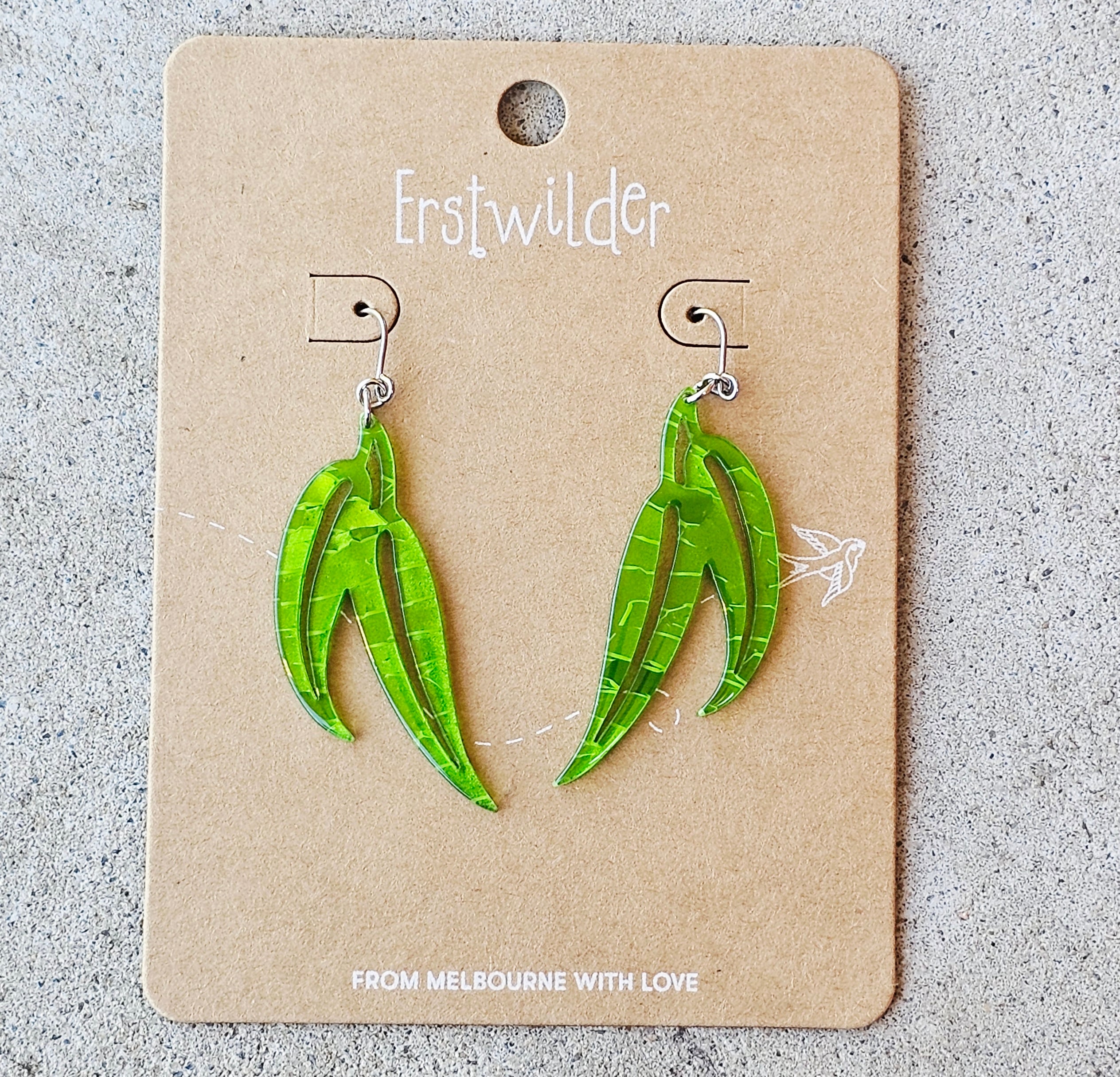 Erstwilder Earrings - Gumleaf (Green) - morpeth antique centre hunter region valley erstwilder earrings necklace enamel pin brooch australiana part two australia map tasmania gum leaf green