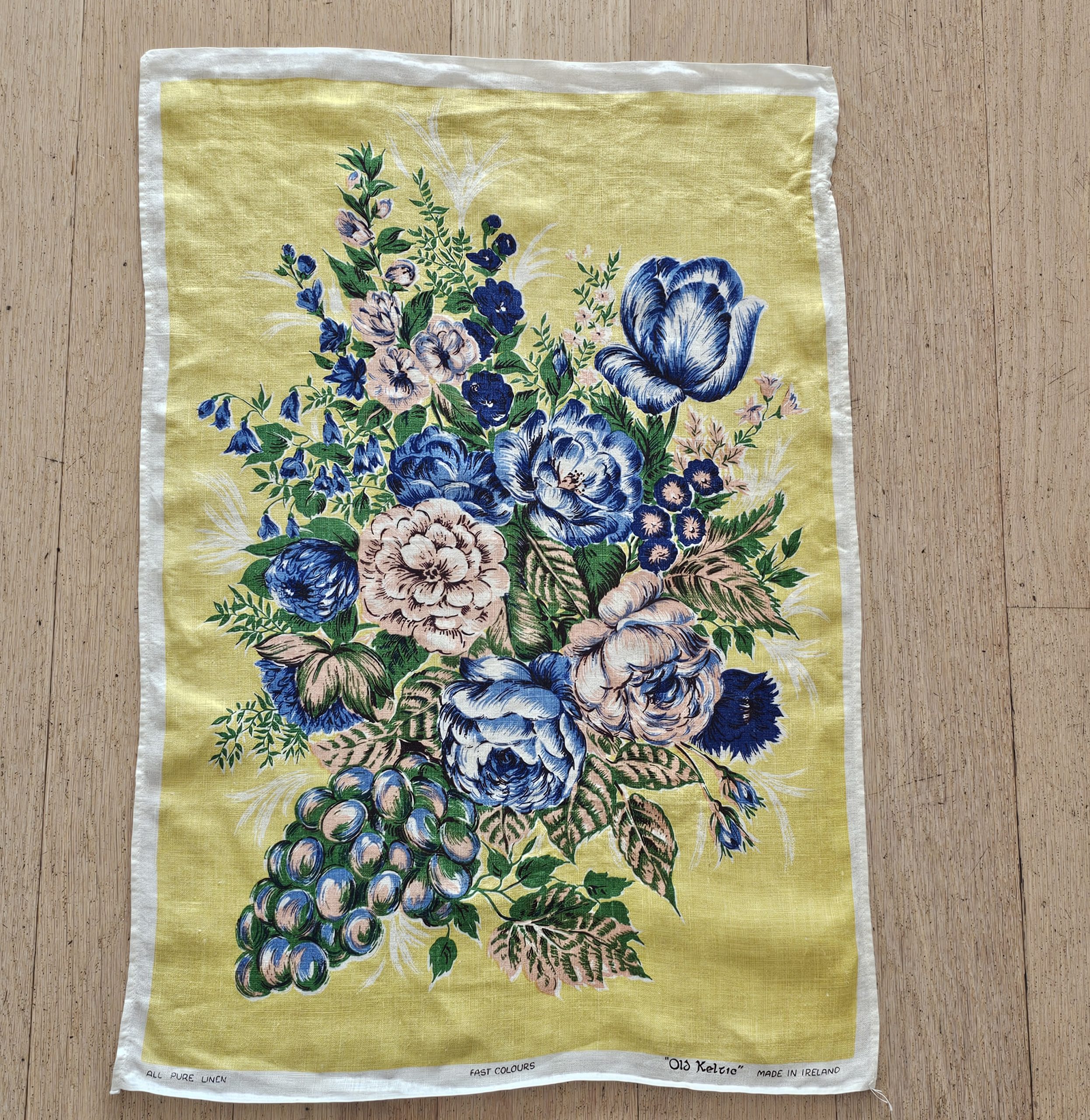 Teatowel - Pink & Blue Roses - morpeth antique centre hunter valley region vintage tea towel ulster weavers cotton irish linen pre loved near new never used blend road trip blue floral