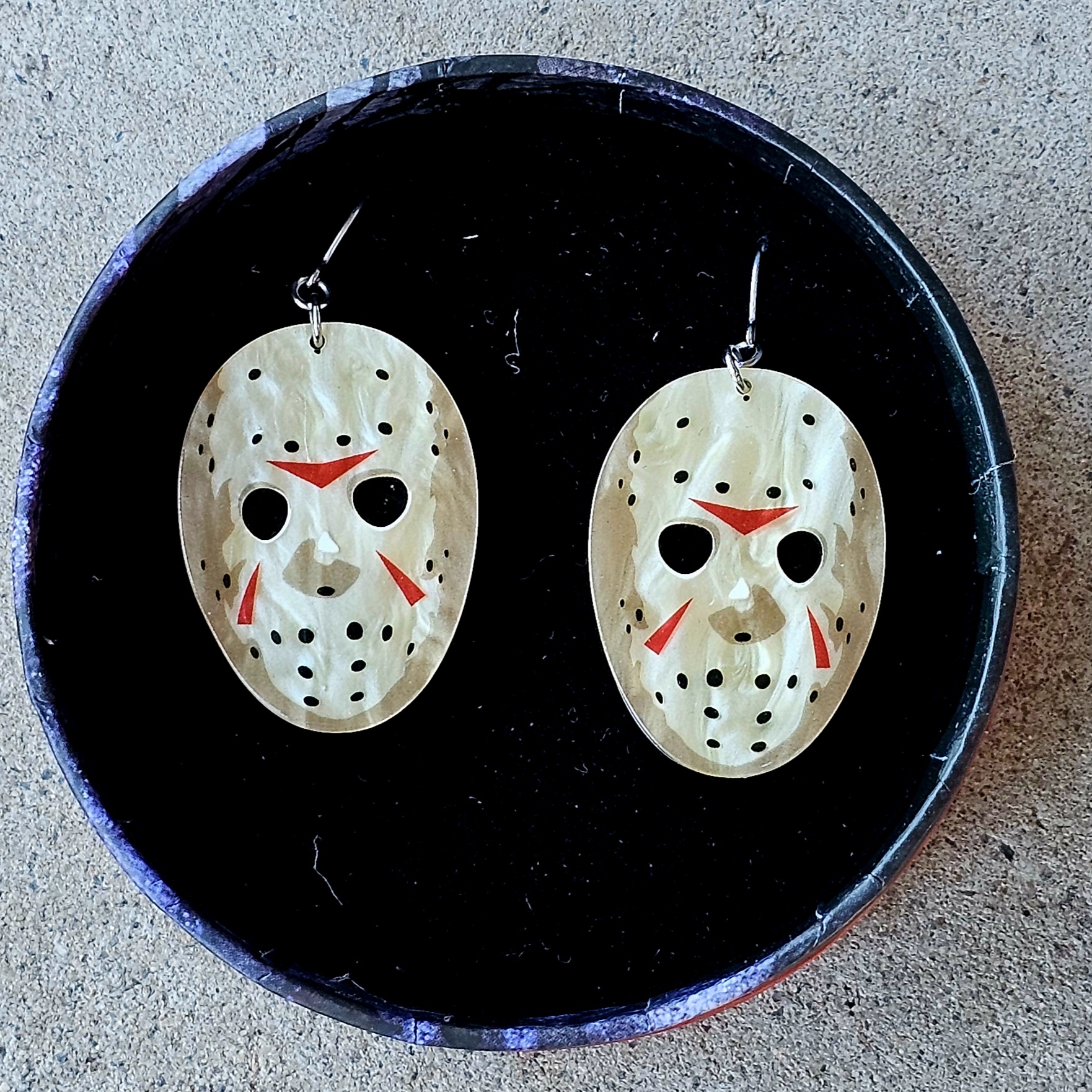 Erstwilder Earrings - Jason Voorhees Mask (from the movie Friday The 13th) - morpeth antique centre hunter valley region halloween thrills chills haunted at heart gremlins megan roy scary movie horror necklace earrings brooch hair clip enamel pin collectable jewellery resin friday the thirteenth 13th jason voorhees mask