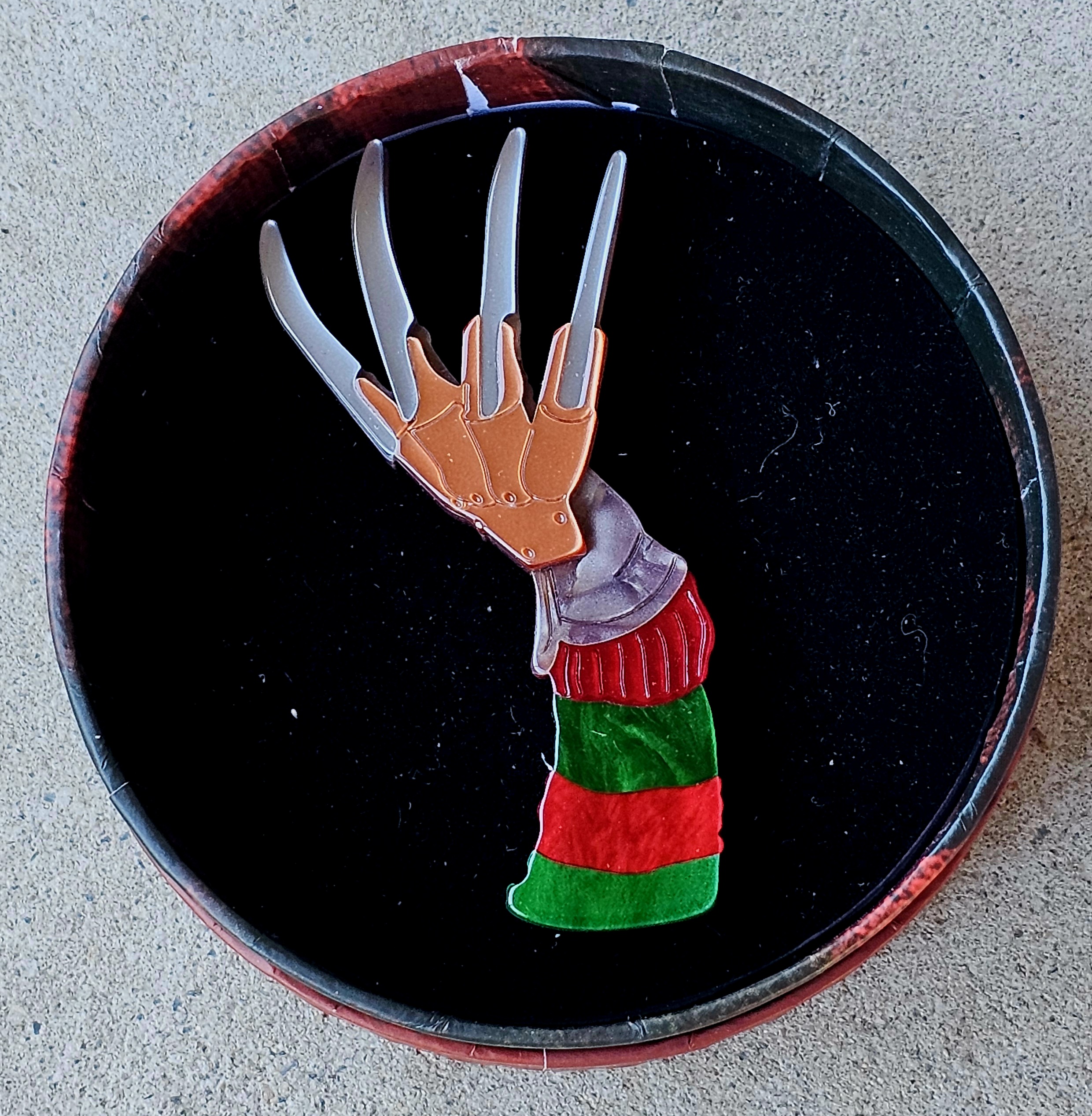 Erstwilder Brooch - Freddy Krueger (from the movie Nightmare on Elm Street) - morpeth antique centre hunter valley region halloween thrills chills haunted at heart gremlins megan roy scary movie horror necklace earrings brooch hair clip enamel pin collectable jewellery resin freddy krueger nightmare on elm street