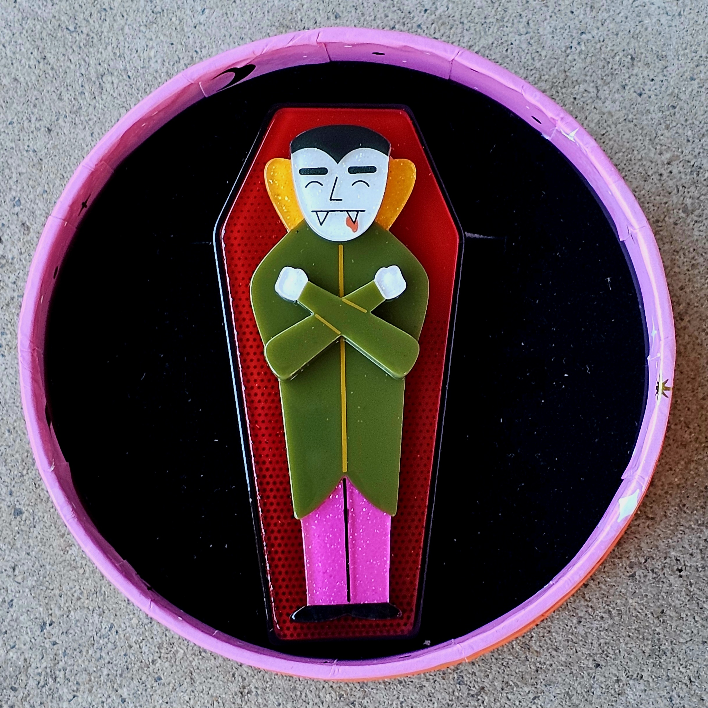 Erstwilder Brooch - Cozy Coffin - morpeth antique centre hunter valley region halloween thrills chills haunted at heart gremlins megan roy scary movie horror necklace earrings brooch hair clip enamel pin collectable jewellery resin cozy coffin dracula vampire