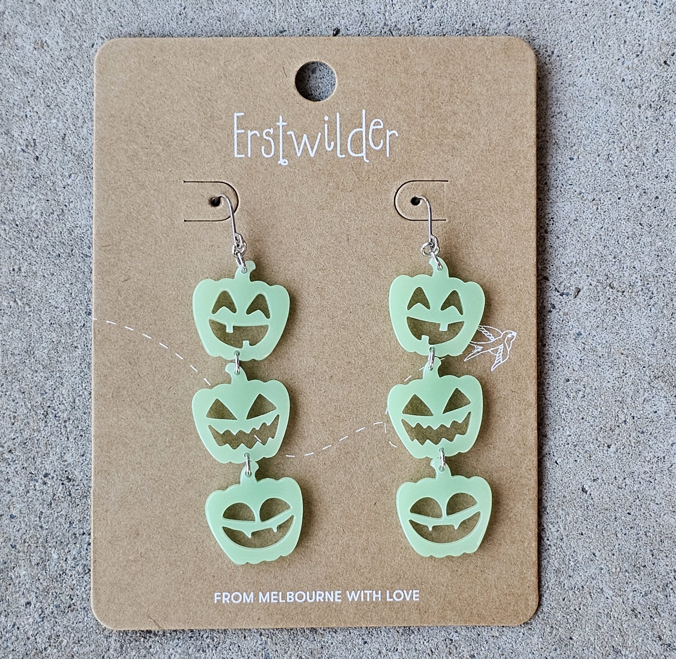Ertswilder Earrings - Glow in Dark Pumpkin Trio - morpeth antique centre hunter valley region halloween thrills chills haunted at heart gremlins megan roy scary movie horror necklace earrings brooch hair clip enamel pin collectable jewellery resin pumpkin trio glow in dark green