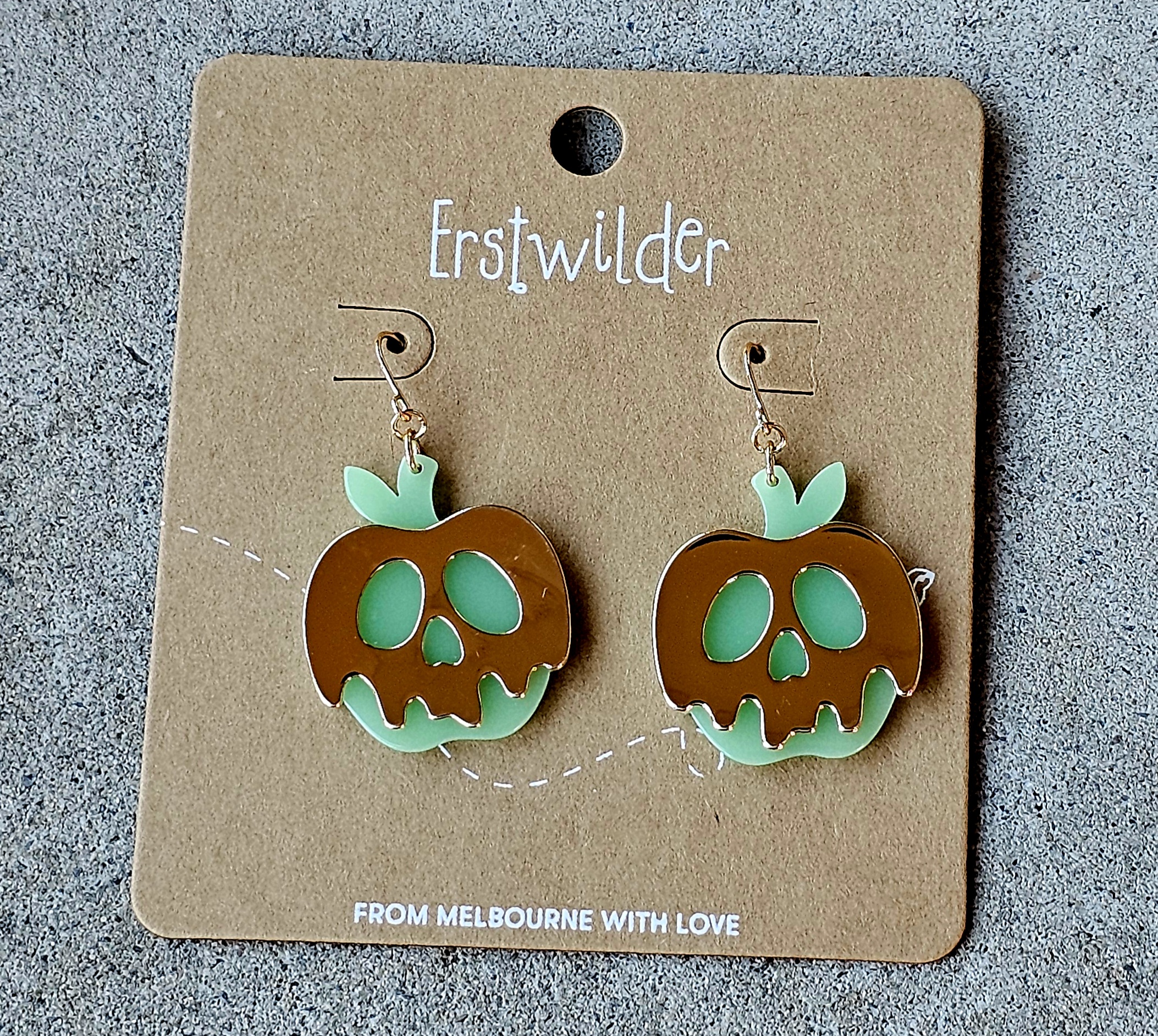 Erstwilder Earrings - Glow in Dark Apple - morpeth antique centre hunter valley region halloween thrills chills haunted at heart gremlins megan roy scary movie horror necklace earrings brooch hair clip enamel pin collectable jewellery resin pumpkin green gold glow in dark