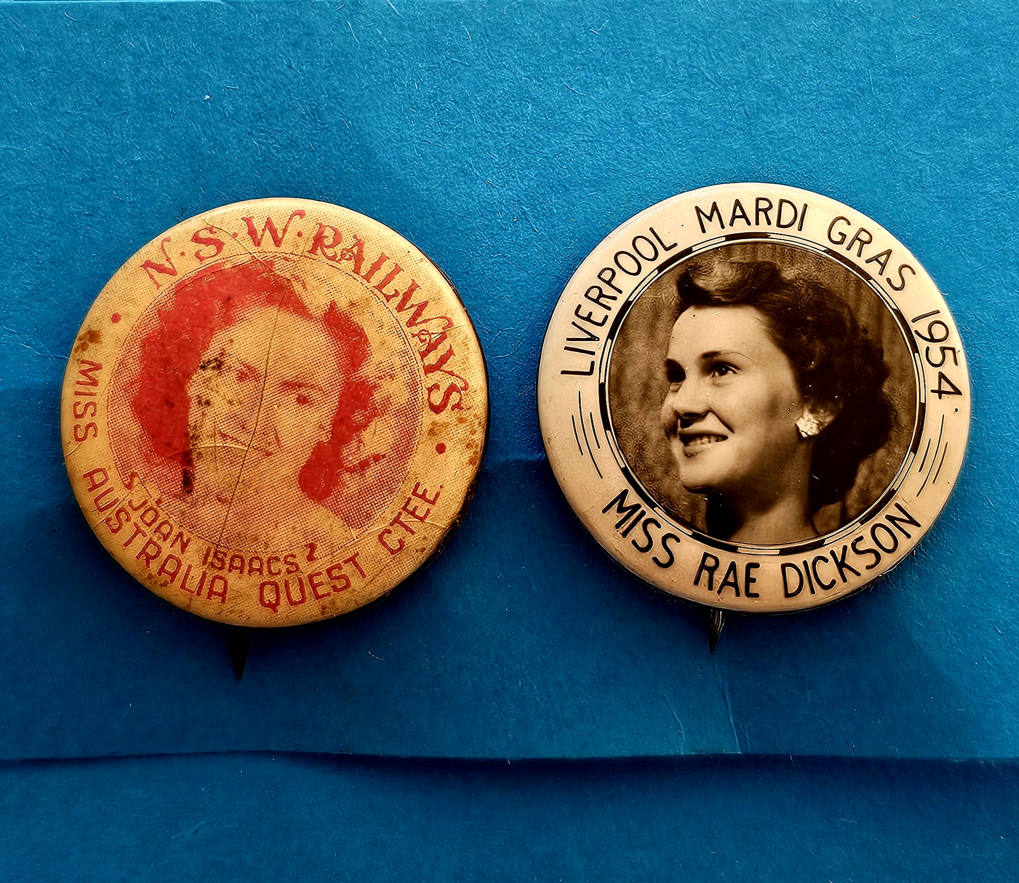 Australian Charity Badge Duo - 1950's - morpeth antique centre hunter valley region australian charity badge pin appeal nsw railways joan isaacs miss australia quest liverpool mardi gras 1954 rae dickson fund raising
