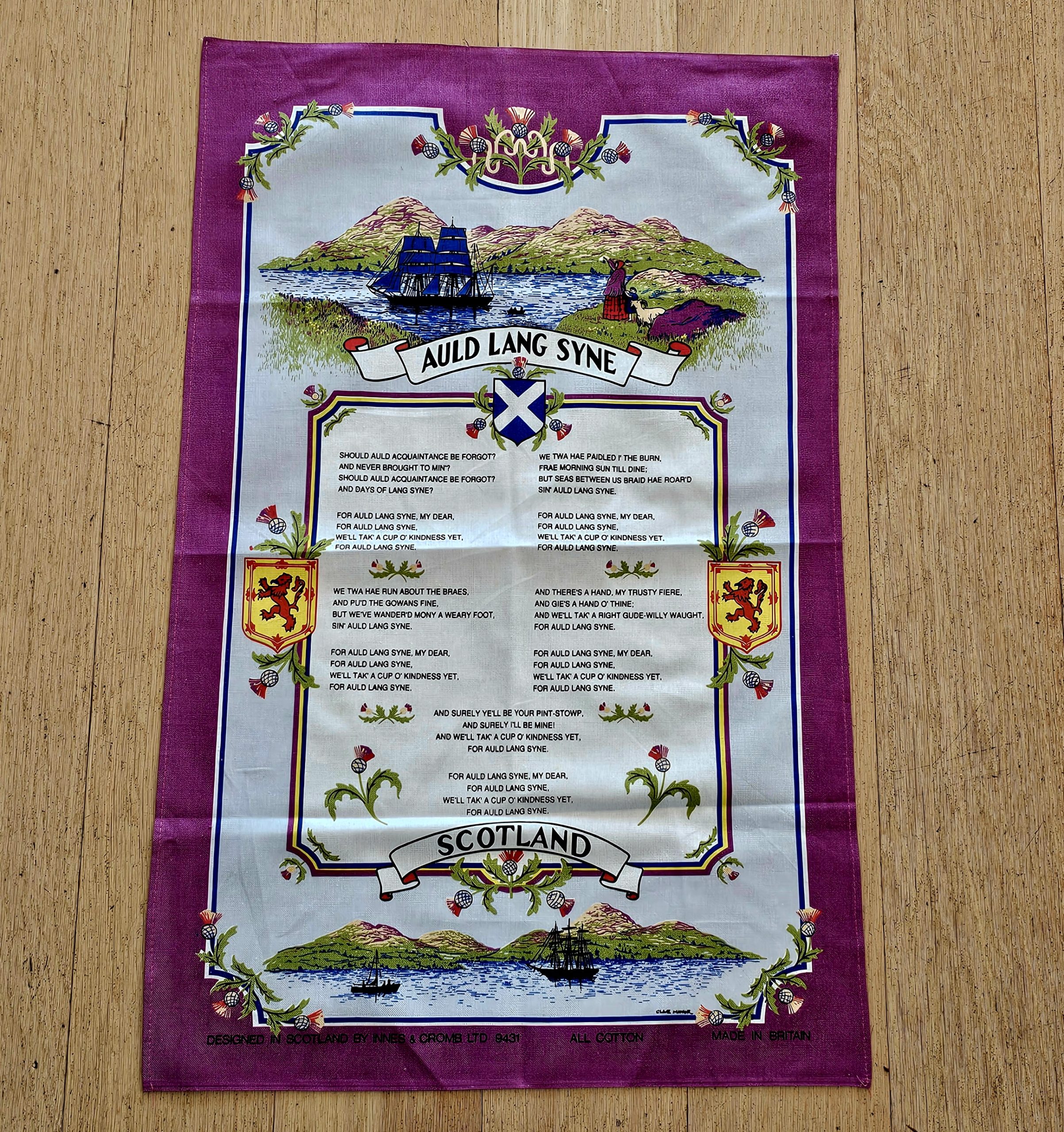 Teatowel - Auld Lang Syne Lyrics, Scotland - morpeth antique centre hunter valley region vintage tea towel linen cotton blend irish road trip holiday memories souvenier auld lang syne scotland song