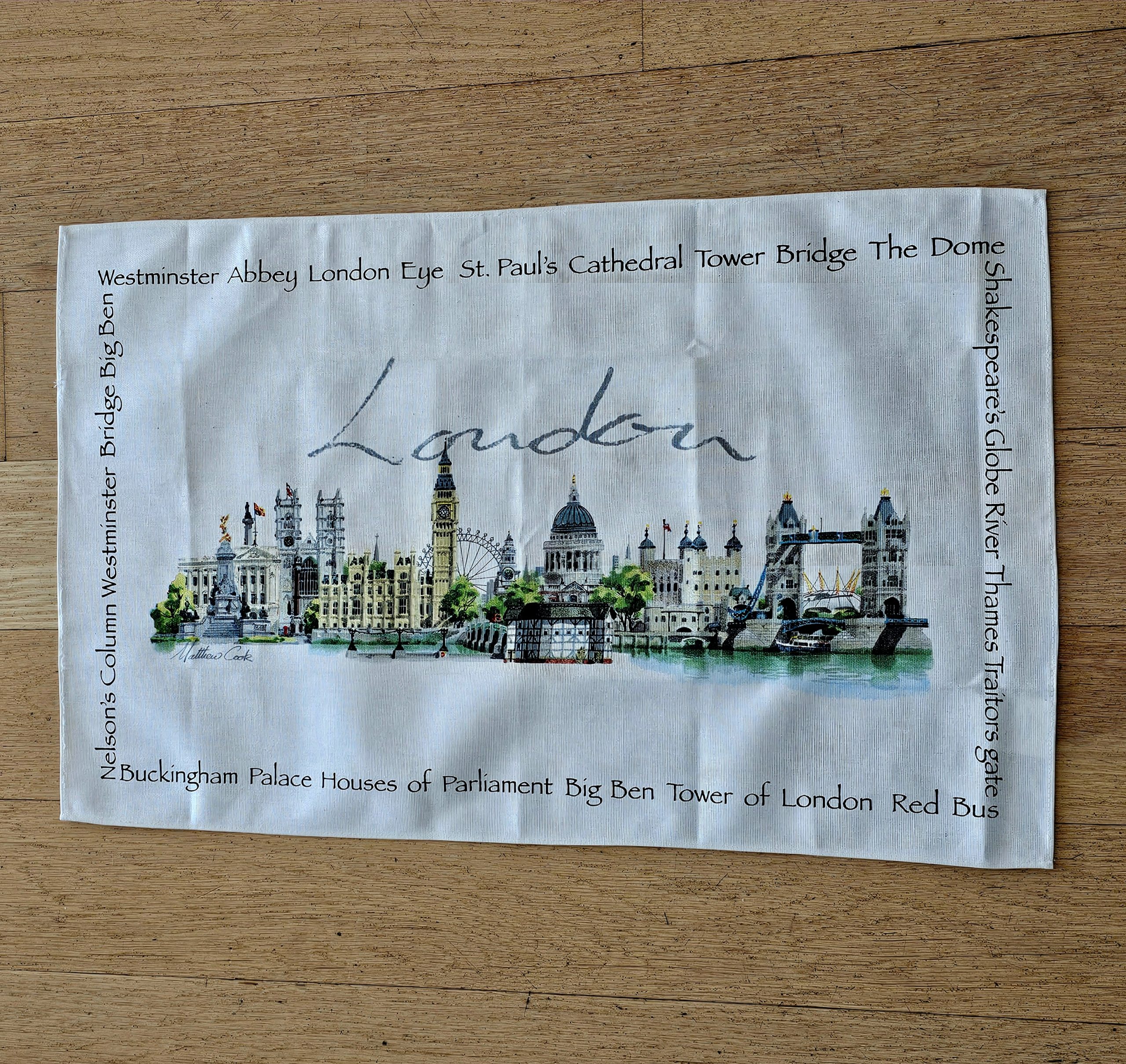 Teatowel - London Landmarks - morpeth antique centre hunter valley region vintage tea towel linen cotton blend irish road trip holiday memories souvenier london landmarks eye st paul cathedral tower bridge westminster buckingham palace red bus big ben thames