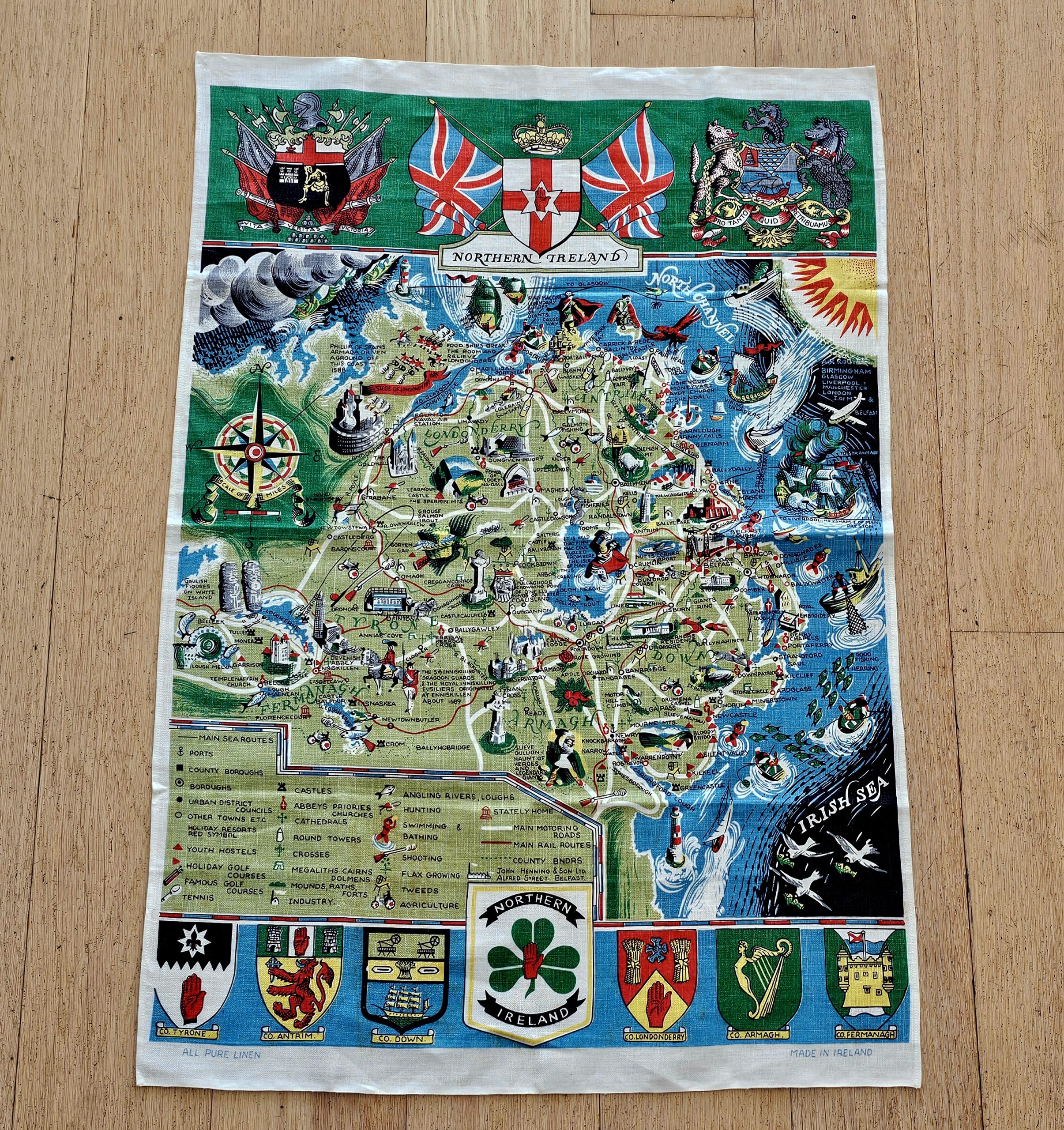 Teatowel - Northern Ireland - morpeth antique centre hunter valley region vintage tea towel linen cotton blend irish road trip holiday memories souvenier northern ireland red hand ulster belfast child irish republican army