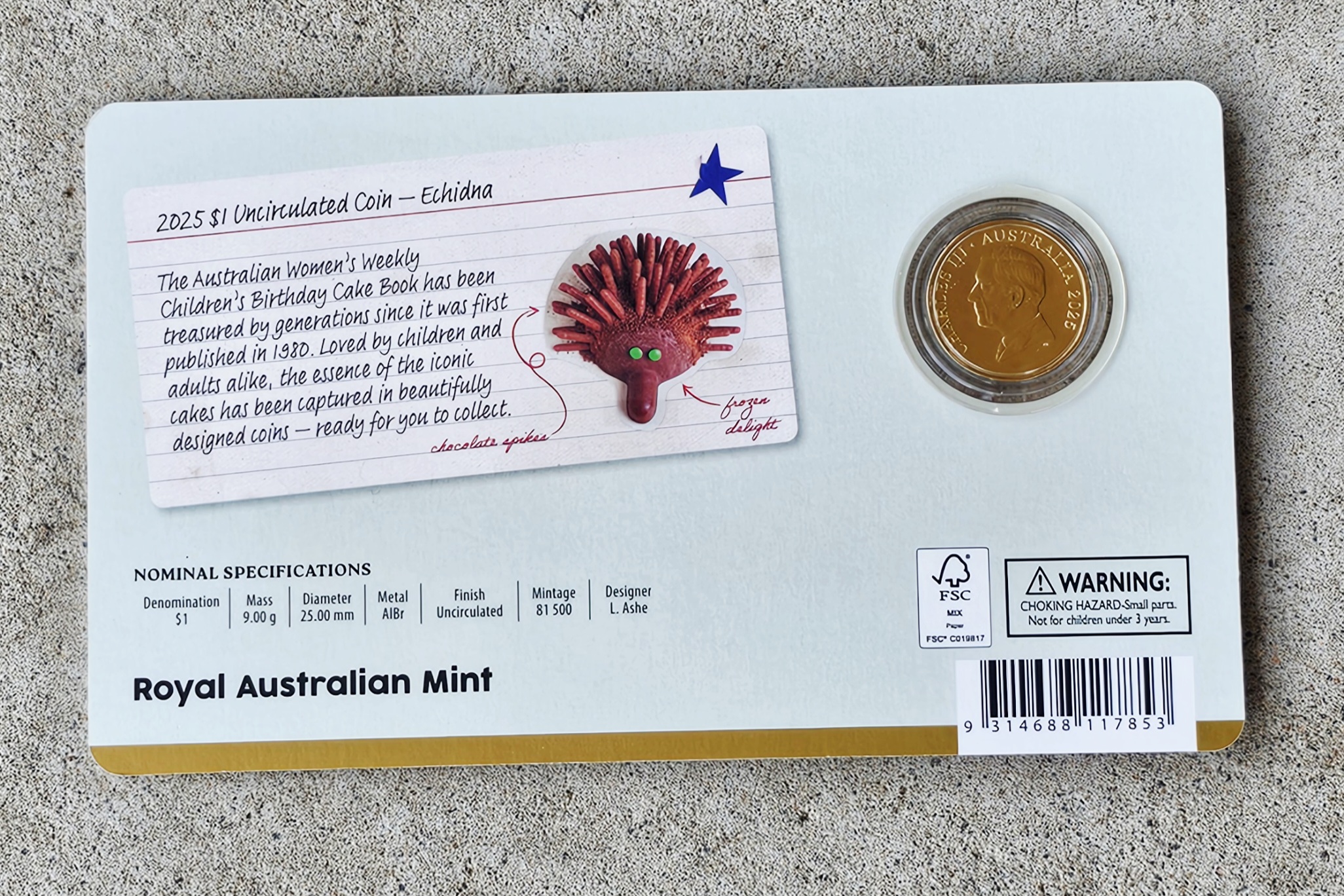 Australian One Dollar Coin - Echidna - morpeth antique centre hunter valley region australian royal mint women's weekly collector coin set 45th anniversary birthday cake one dollar two children party hip hip hooray anniversary limited edition echidna