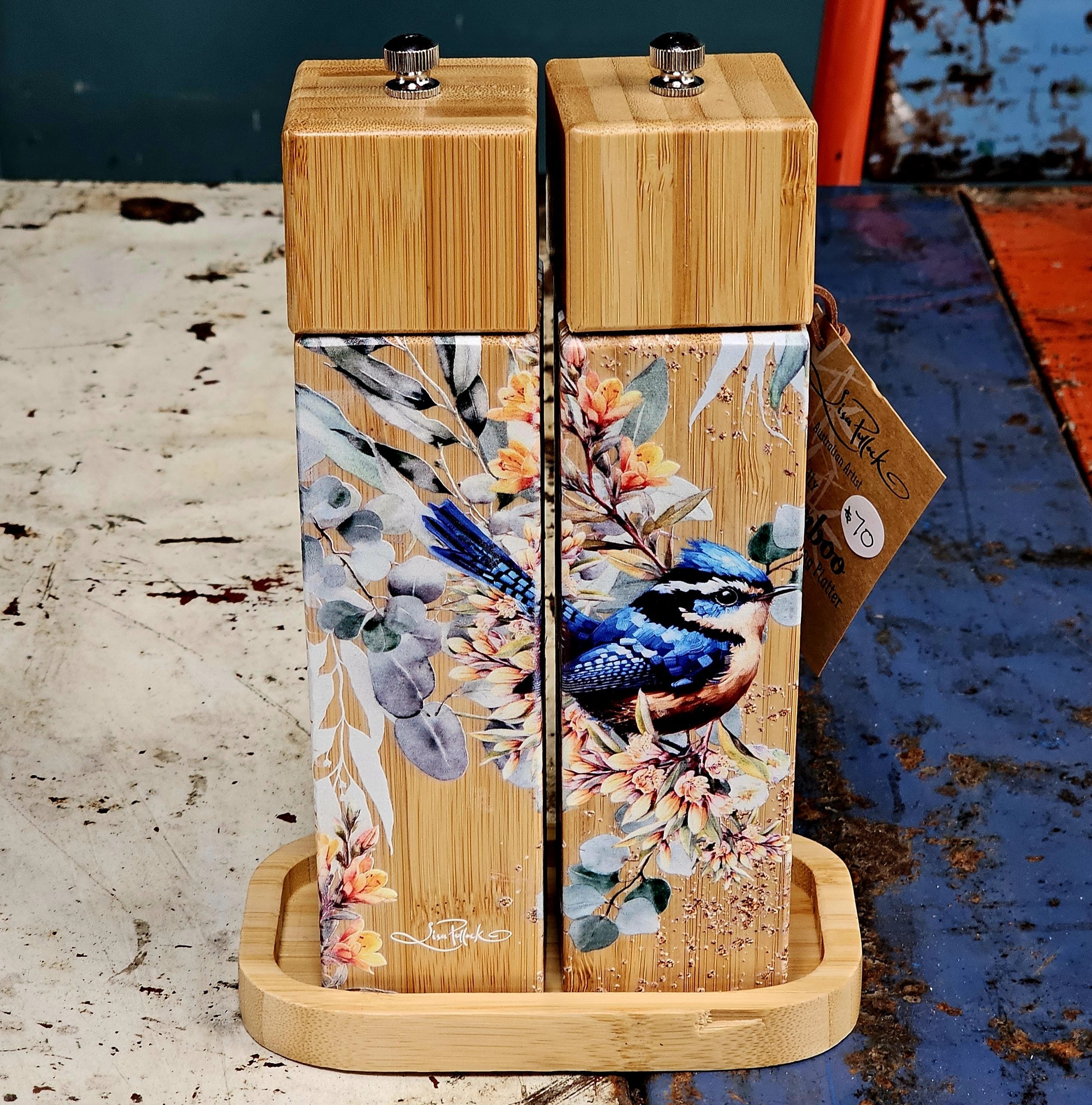 Salt & Pepper Grinder Set with Tray - Bird - morpeth gift gallery bamboo sat pepper shaker set lisa pollock australian artist blue wren jay bird eucalypt