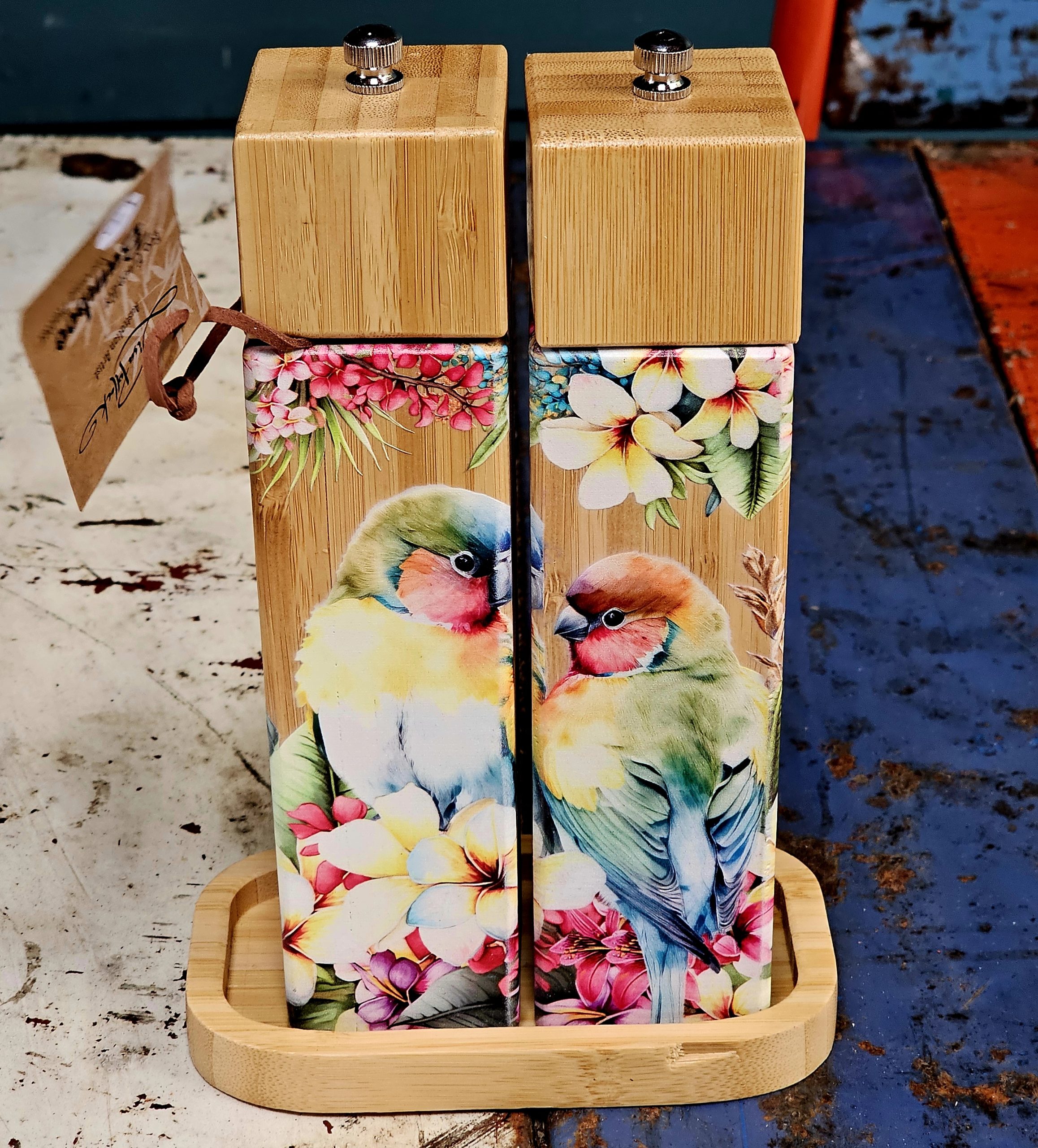 Salt & Pepper Grinder Set with Tray - Lovebirds - morpeth gift gallery bamboo sat pepper shaker set lisa pollock australian artist lovebirds