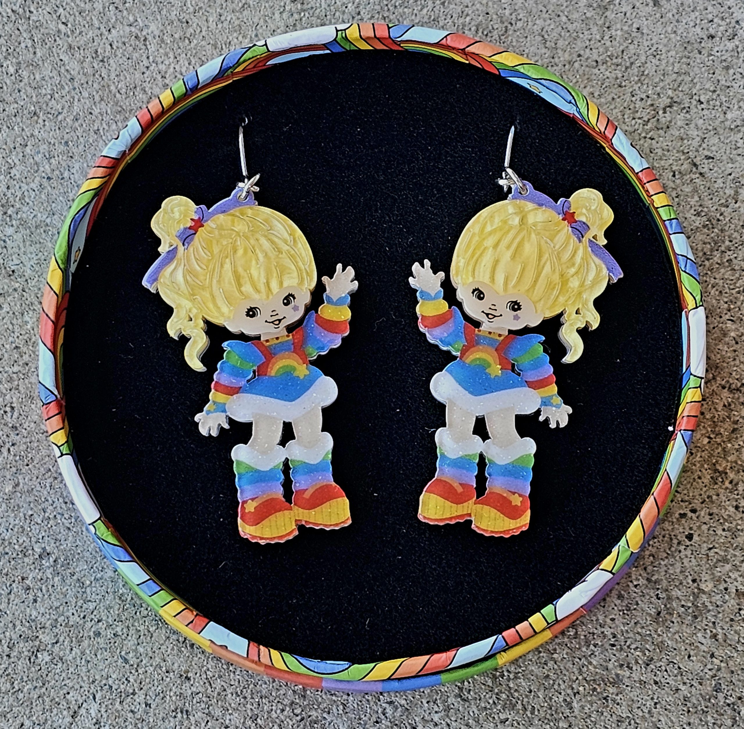 Erstwilder Earrings - Rainbow Brite Says Hello - morpeth antique centre hunter valley region rainbow brite cartoon tv series erstwilder brooch earrings necklace collectable resin plastic says hello