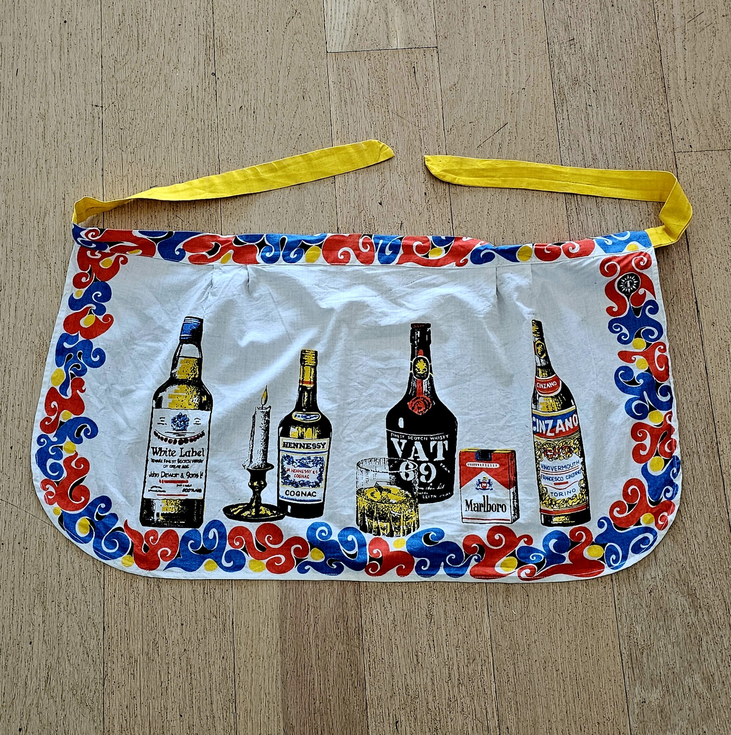 Vintage Promotional Apron - morpeth antique centre hunter valley region vintage cotton apron promotional advertising alcohol spirits bar cigarettes marlboro scotch whisky hennessy cognac vat 69 cinzano bottles