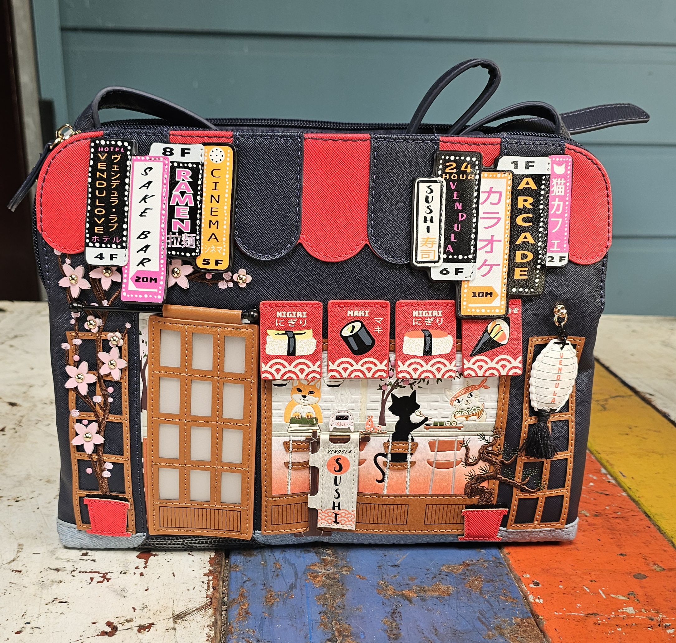 Vendula Bella Bag - Sushi Shop Navy - morpeth gift gallery hunter valley region vendula london handbag wallet clipper coin purse zip around square bella box backpack pouch phone flip case grace mini sushi navy blue limited edition japan train bar take away rice raw
