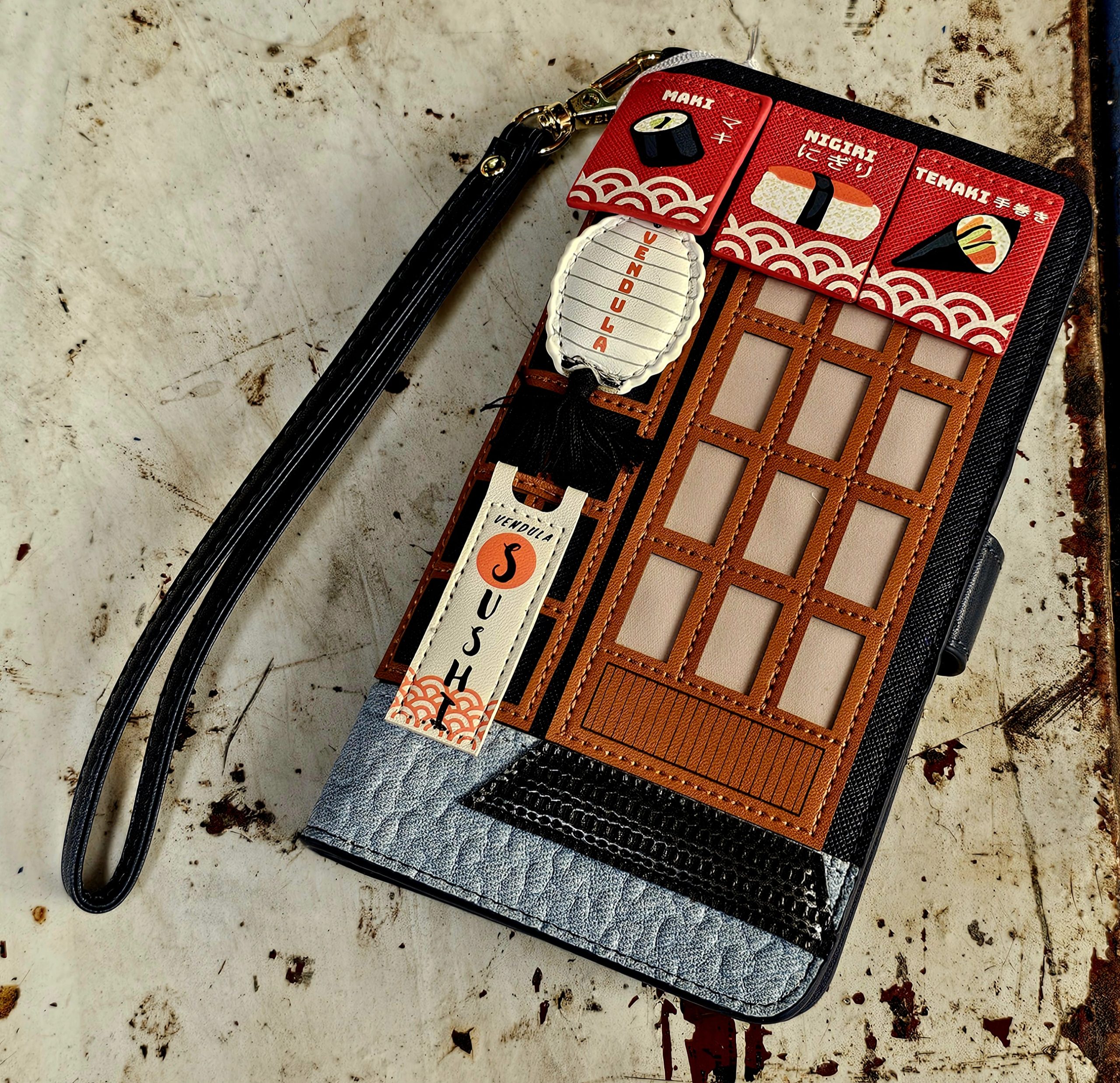 Vendula Flip Phone Case - Sushi Shop Navy - morpeth gift gallery hunter valley region vendula london handbag wallet clipper coin purse zip around square bella box backpack pouch phone flip case grace mini sushi navy blue limited edition japan train bar take away rice raw