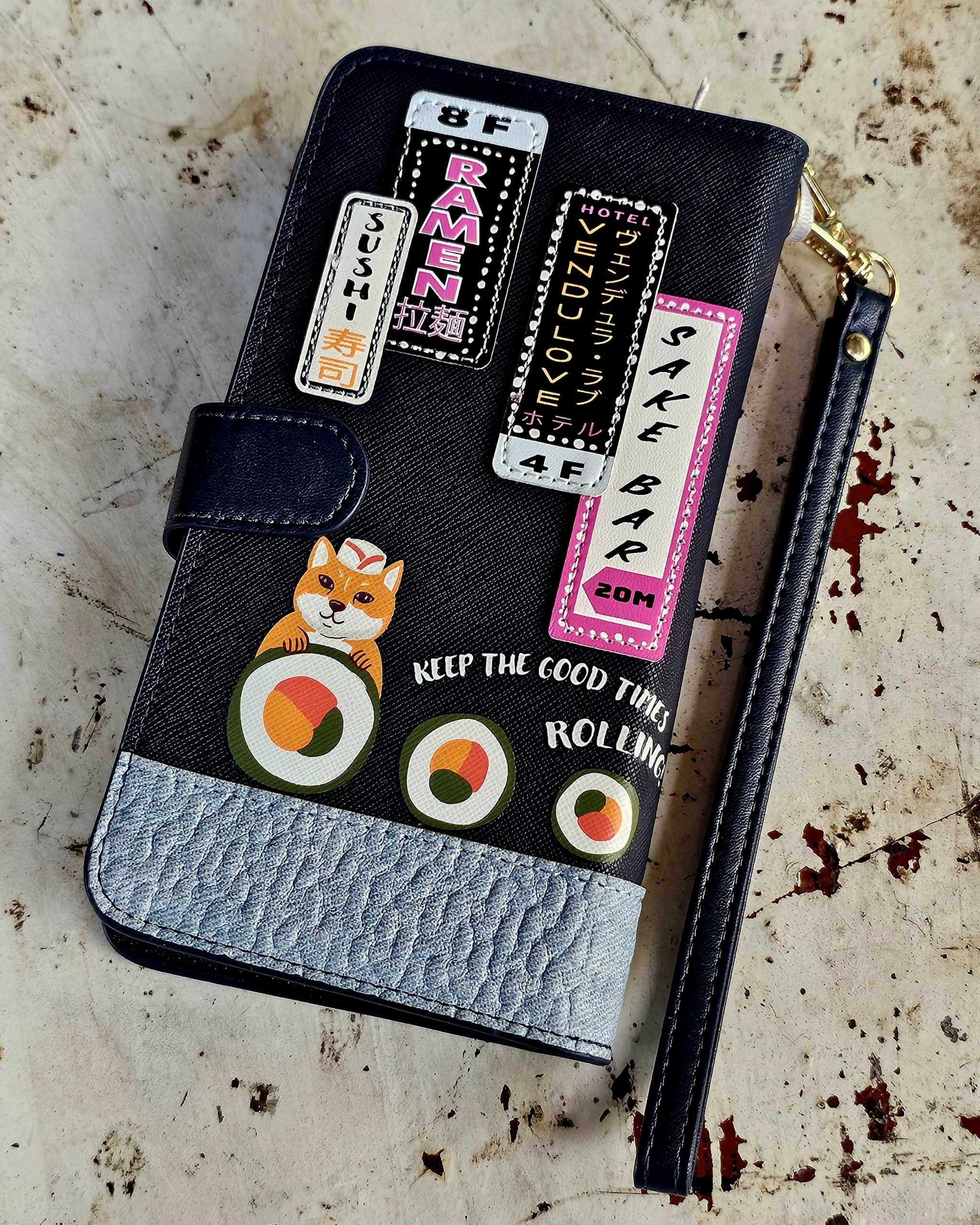 Vendula Flip Phone Case - Sushi Shop Navy - morpeth gift gallery hunter valley region vendula london handbag wallet clipper coin purse zip around square bella box backpack pouch phone flip case grace mini sushi navy blue limited edition japan train bar take away rice raw