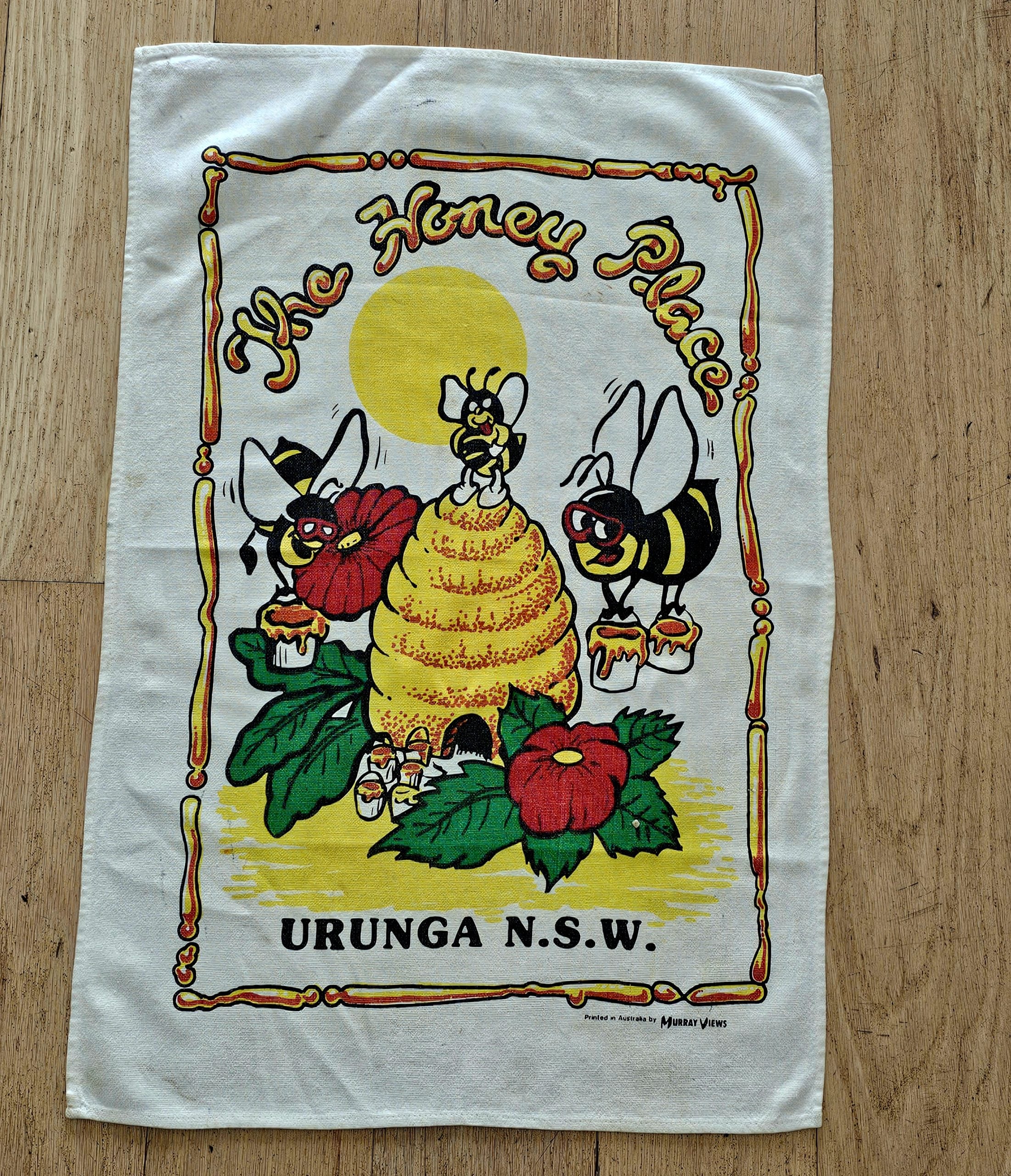 Vintage Teatowel - Urunga (Honey Place) - morpeth antique centre hunter valley region cotton linen tea towel table cloth road trip souvenier urunga honey place