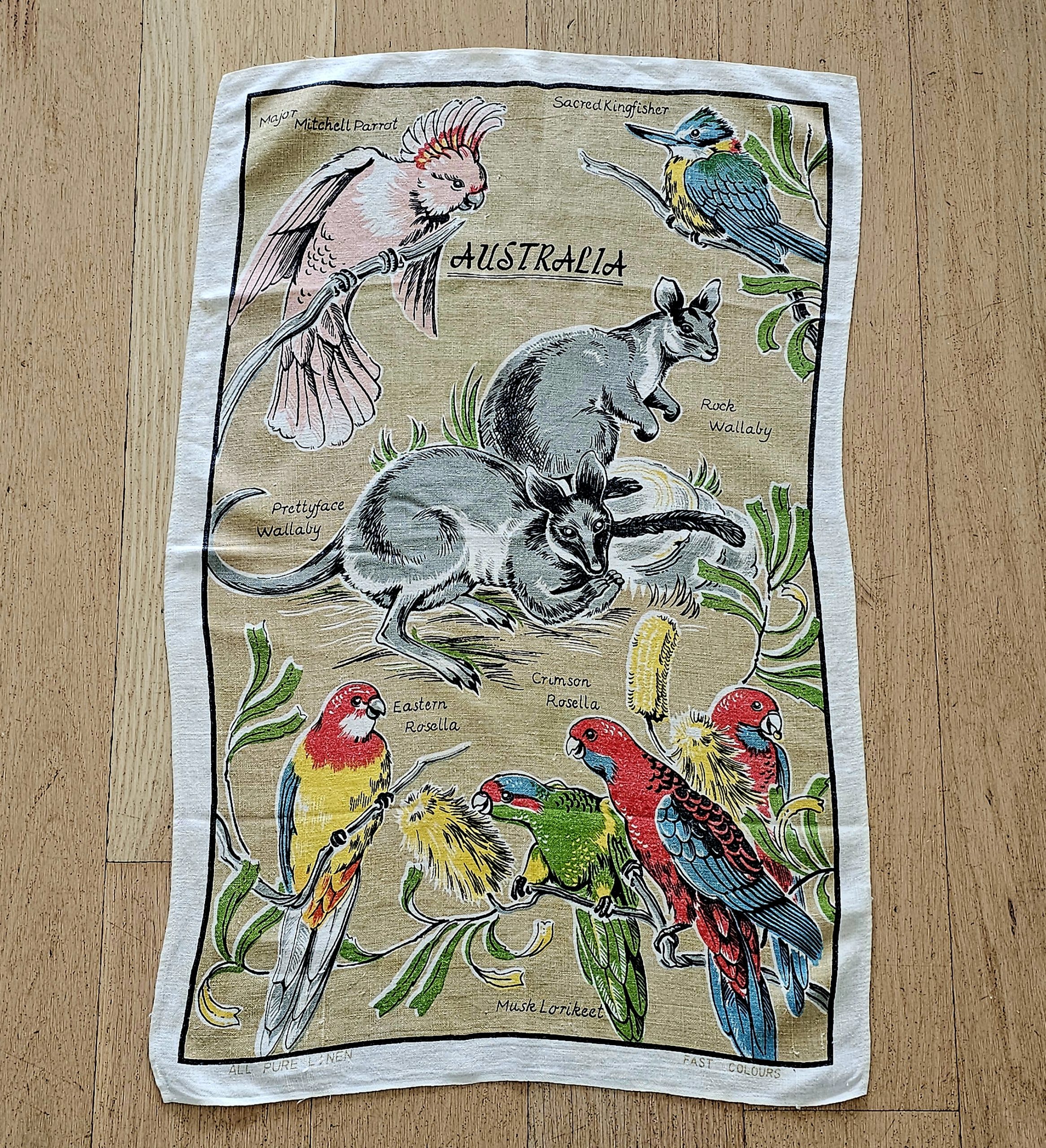 Teatowel - Australia ( Birds & Animals) - morpeth antique centre hunter valley region cotton linen tea towel table cloth road trip souvenier australian wildlife flora fauna birds native