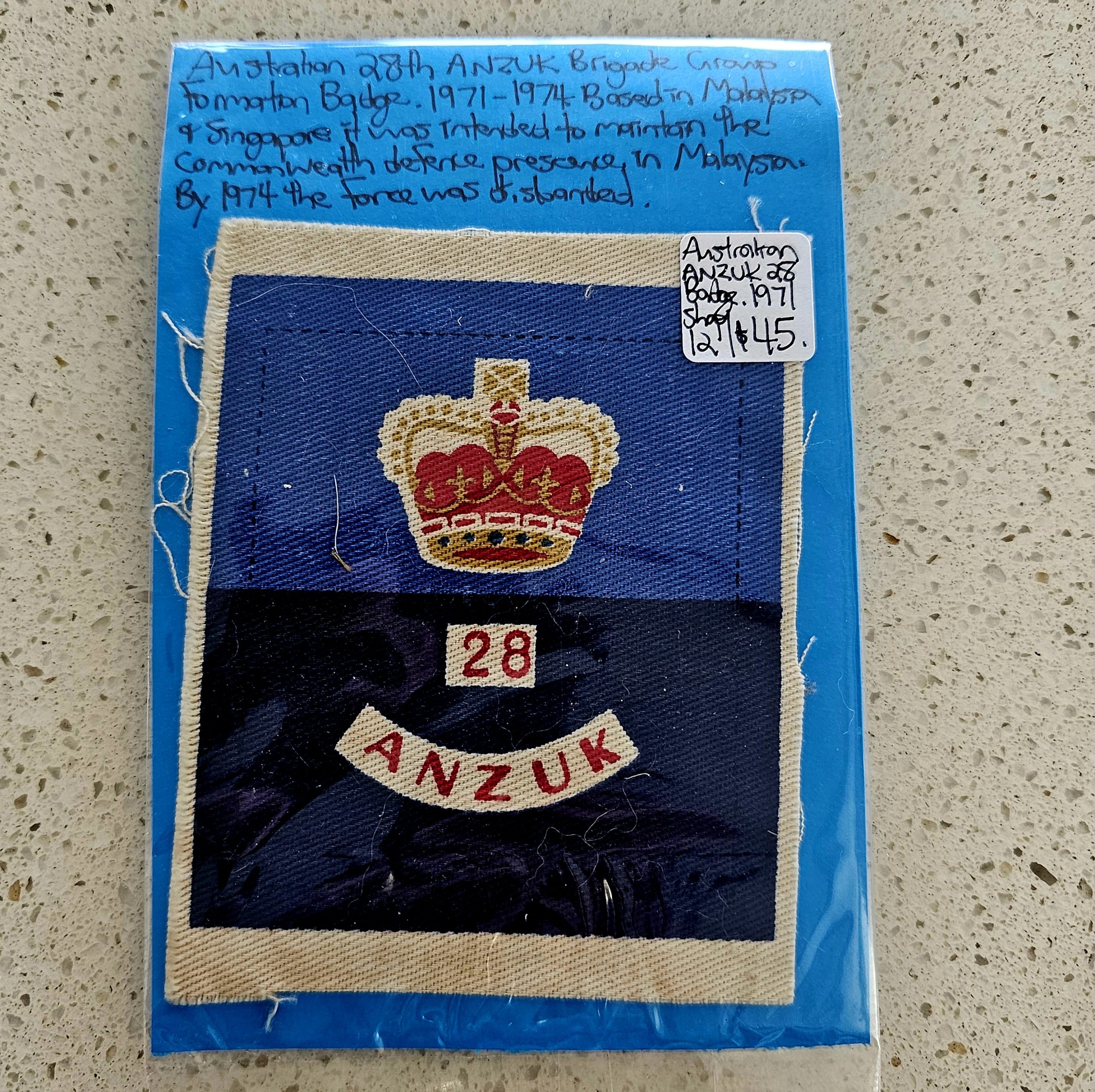 Australian 28th ANZUK Brigade Group Formation Patch - morpeth antique centre hunter valley region australian army military patch 28th new zealand united kingdom queens crown elizabeth ii 1970 1974 malaysia singapore post world war two wwii