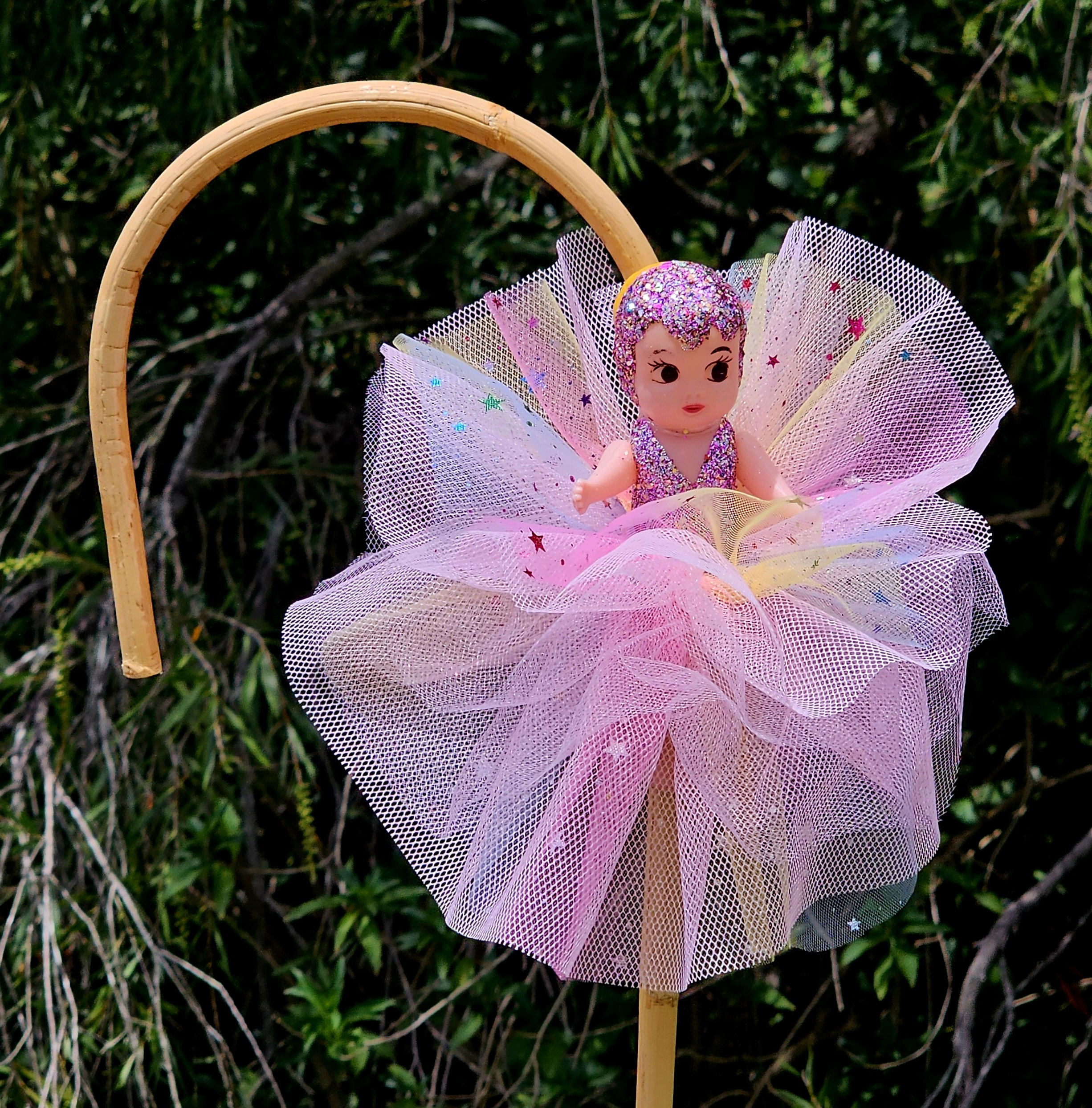 Kewpie Doll on Hooked Cane - Rainbow - morpeth gift gallery antique centre hunter valley region carnival show doll kewpie cupie tutu prize hooked straight bamboo cane australian tradition