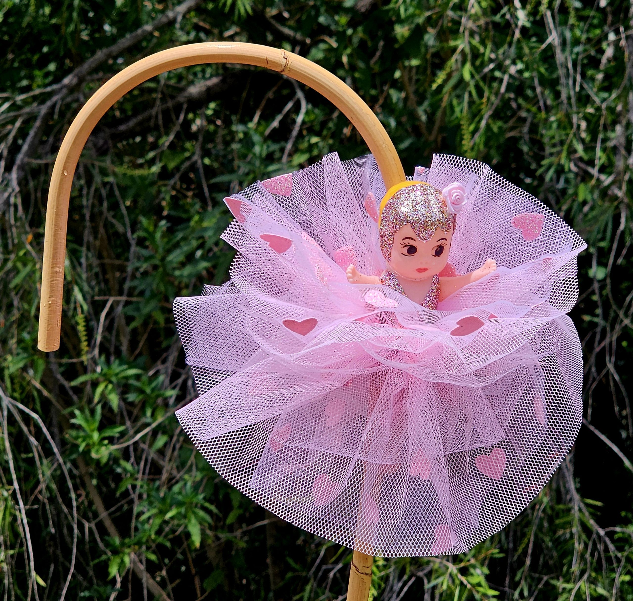 Kewpie Doll on Hooked Cane - Pink Hearts - morpeth gift gallery antique centre hunter valley region carnival show doll kewpie cupie tutu prize hooked straight bamboo cane australian tradition