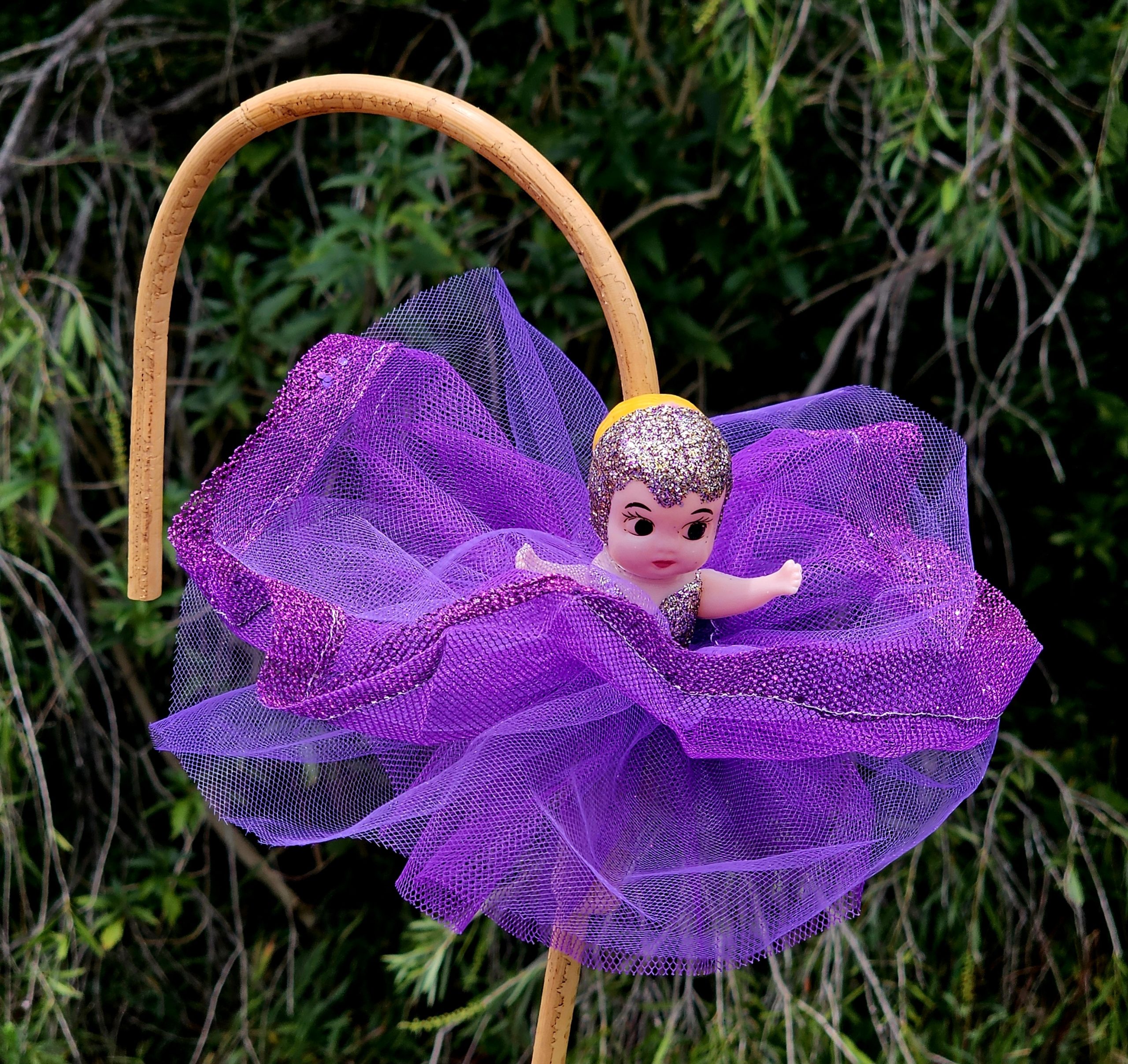 Kewpie Dolll on Hooked Cane - Purple - morpeth gift gallery antique centre hunter valley region carnival show doll kewpie cupie tutu prize hooked straight bamboo cane australian tradition
