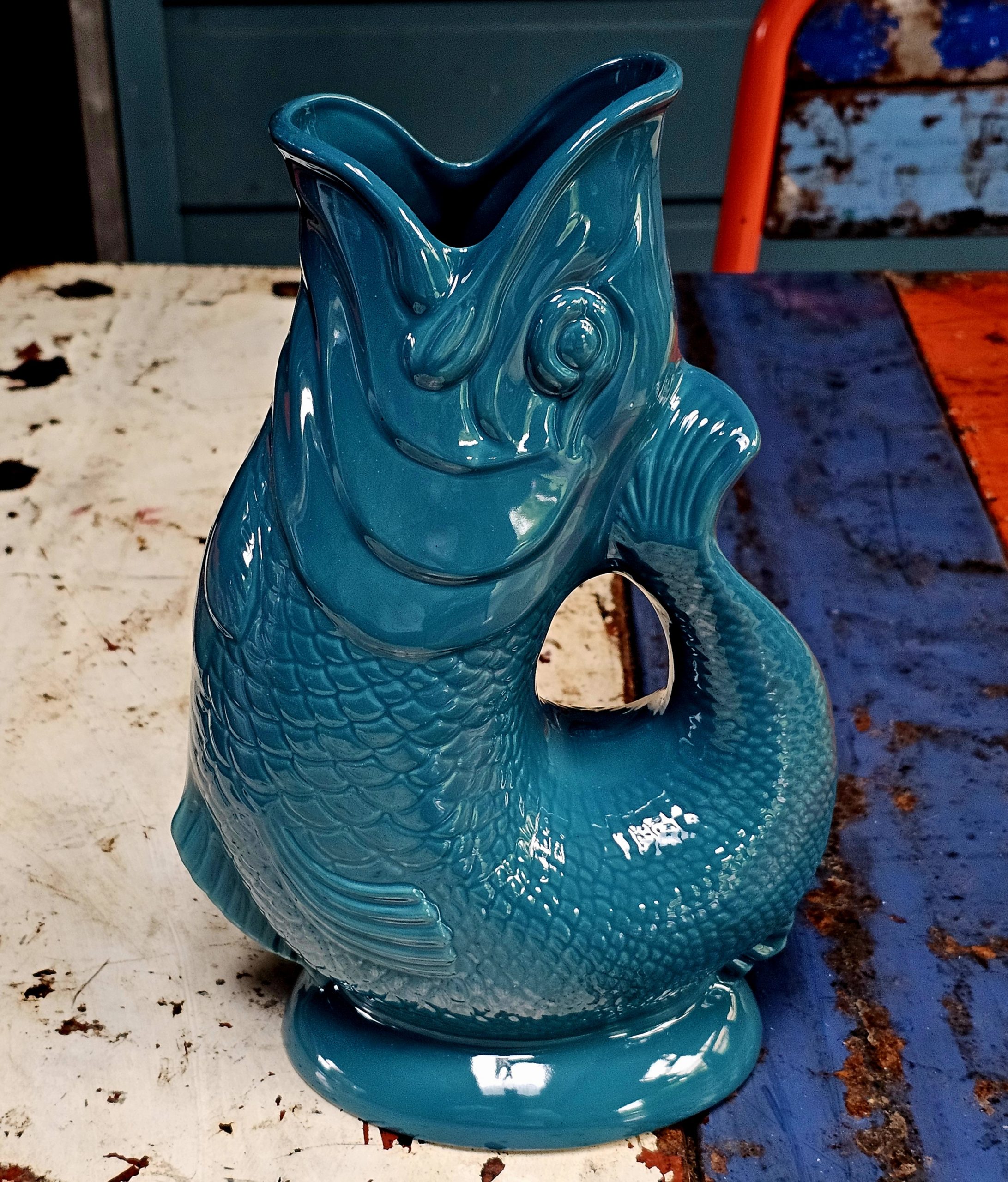 Gluggle Jug - Blue - morpeth gift gallery antique centre hunter valley region wade ceramics devon cornwall pottery ceramic gluggle jug novelty fish gurgling sound when liquid water poured