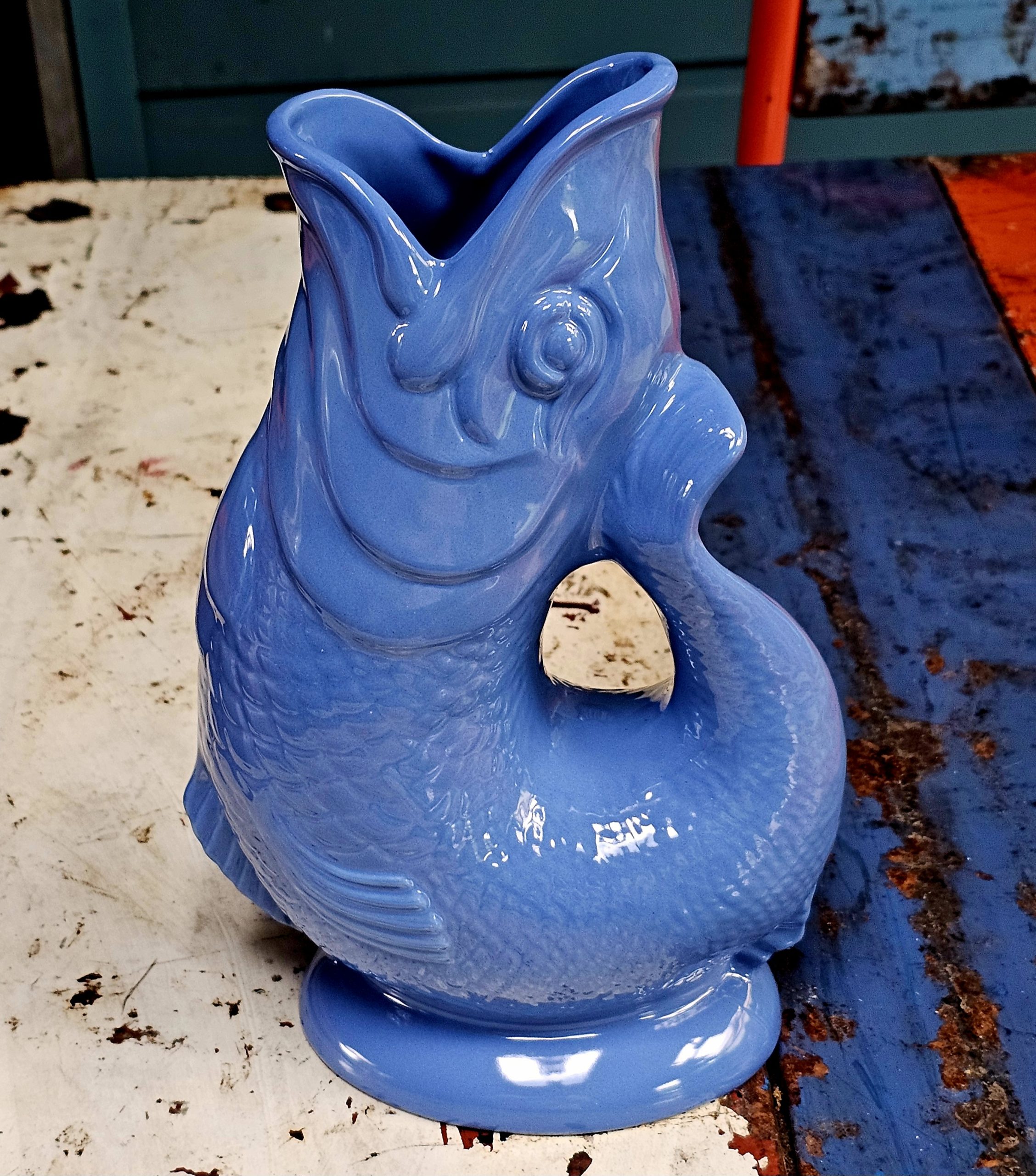 Gluggle Jug - Sky Blue - morpeth gift gallery antique centre hunter valley region wade ceramics devon cornwall pottery ceramic gluggle jug novelty fish gurgling sound when liquid water poured