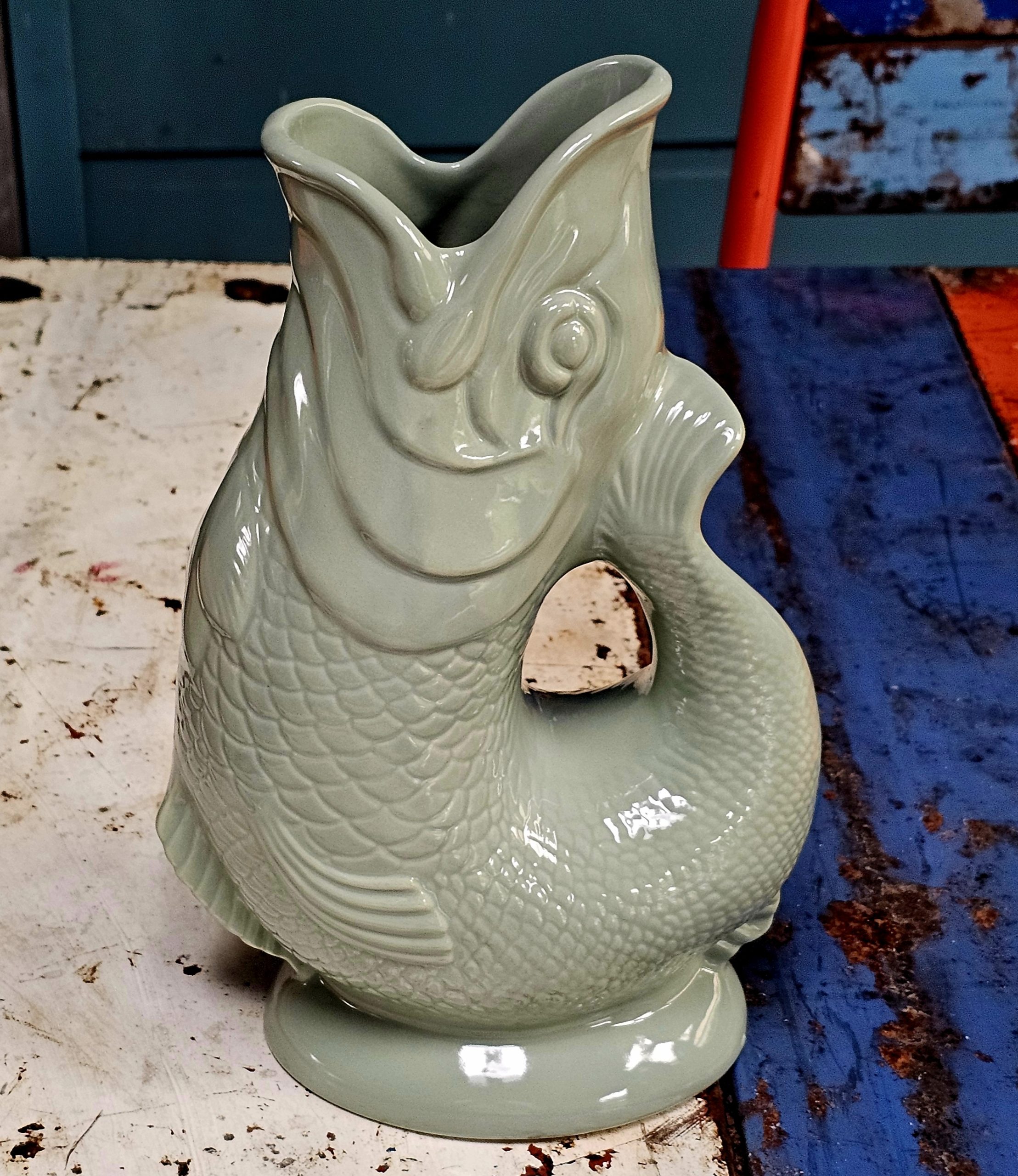 Gluggle Jug - Sage Green - morpeth gift gallery antique centre hunter valley region wade ceramics devon cornwall pottery ceramic gluggle jug novelty fish gurgling sound when liquid water poured