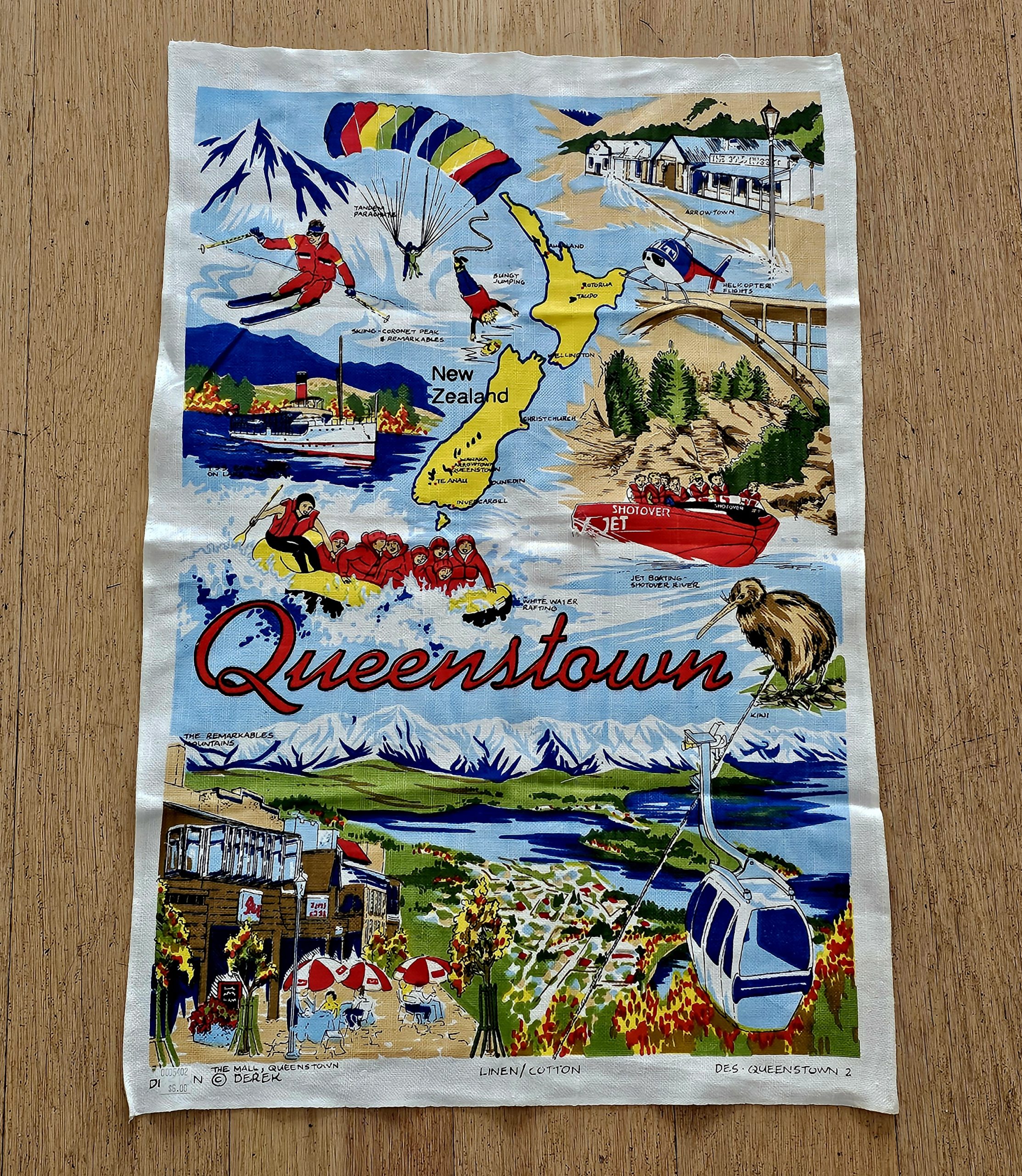Teatowel - Queenstown, NZ - morpeth antique centre hunter valley region vintage pre loved linen cotton souvenier holiday road trip tea towel queenstown new zealand