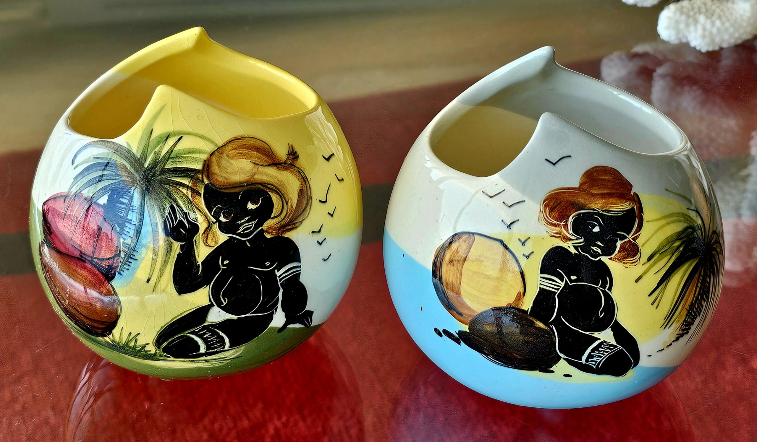 Australian Pottery Vase Pair - morpeth antique centre hunter valley region vintage decor pottery ceramic vase bowl souvenier ware indigenous children australia