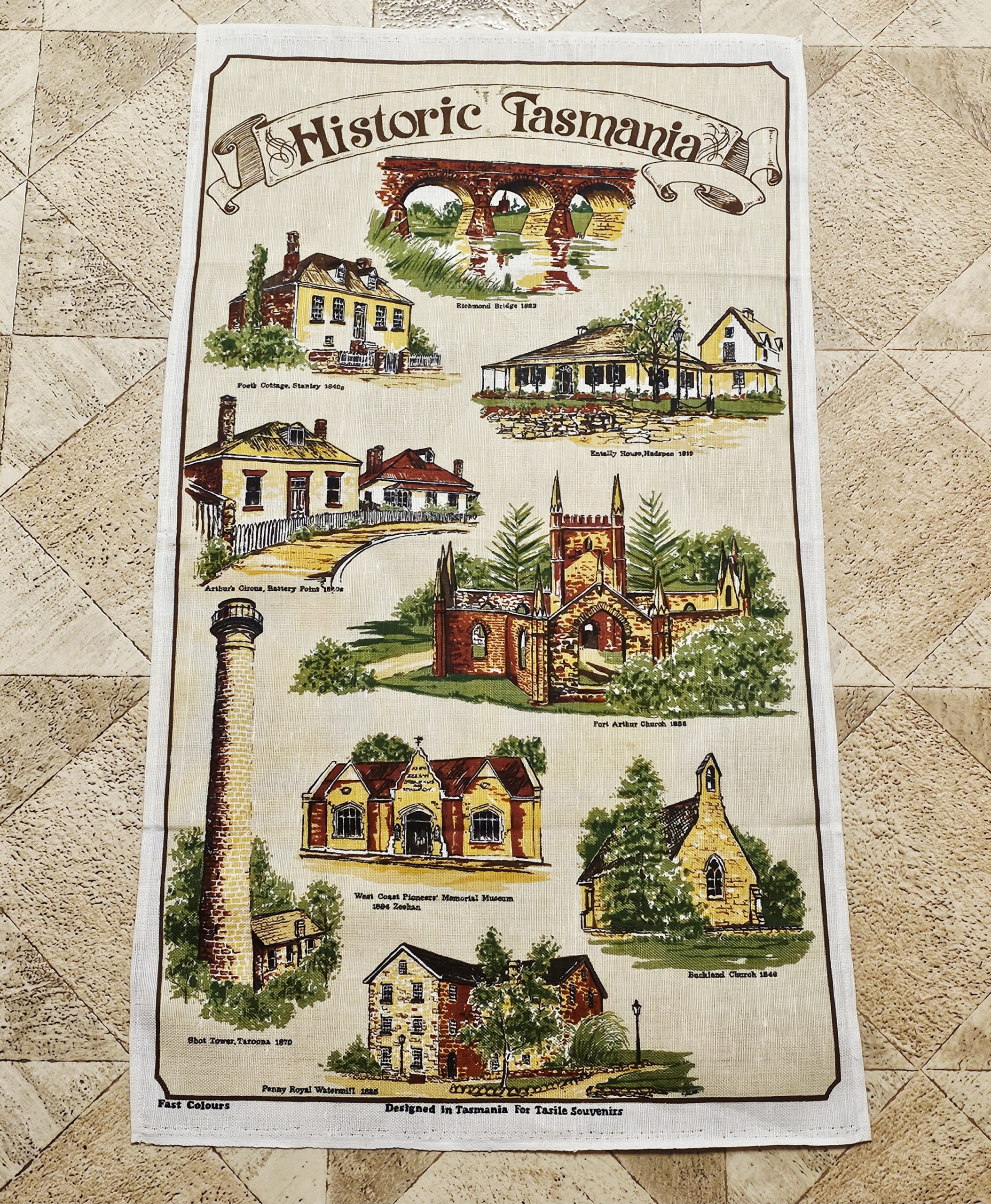 Teatowel - Historic Tasmania - morpeth antique centre hunter valley region vintage tea towel cotton linen australian international road trip irish polish czech historic tasmania