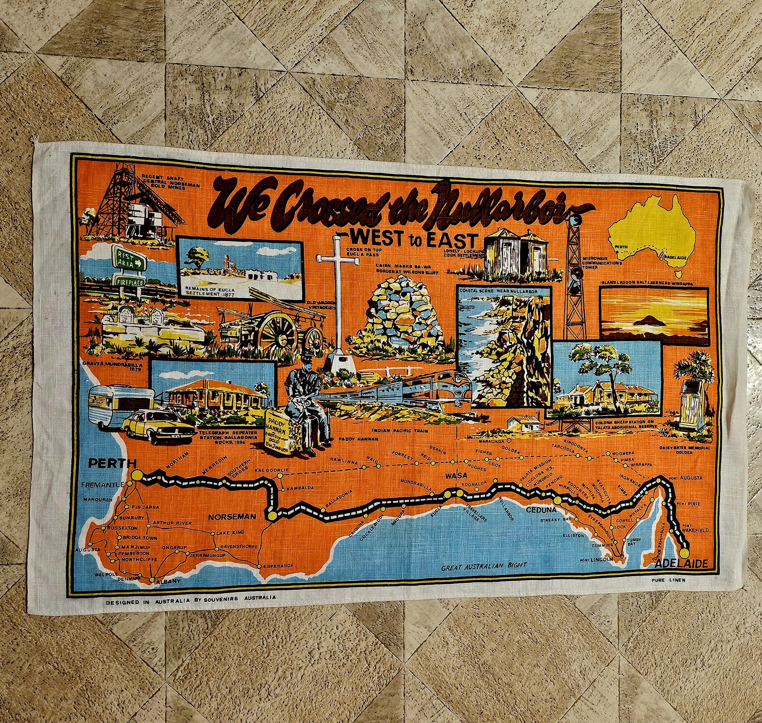 Teatowel - Nullarbor Crossing - morpeth antique centre hunter valley region vintage tea towel cotton linen australian international road trip irish polish czech nullarbor east west crossing