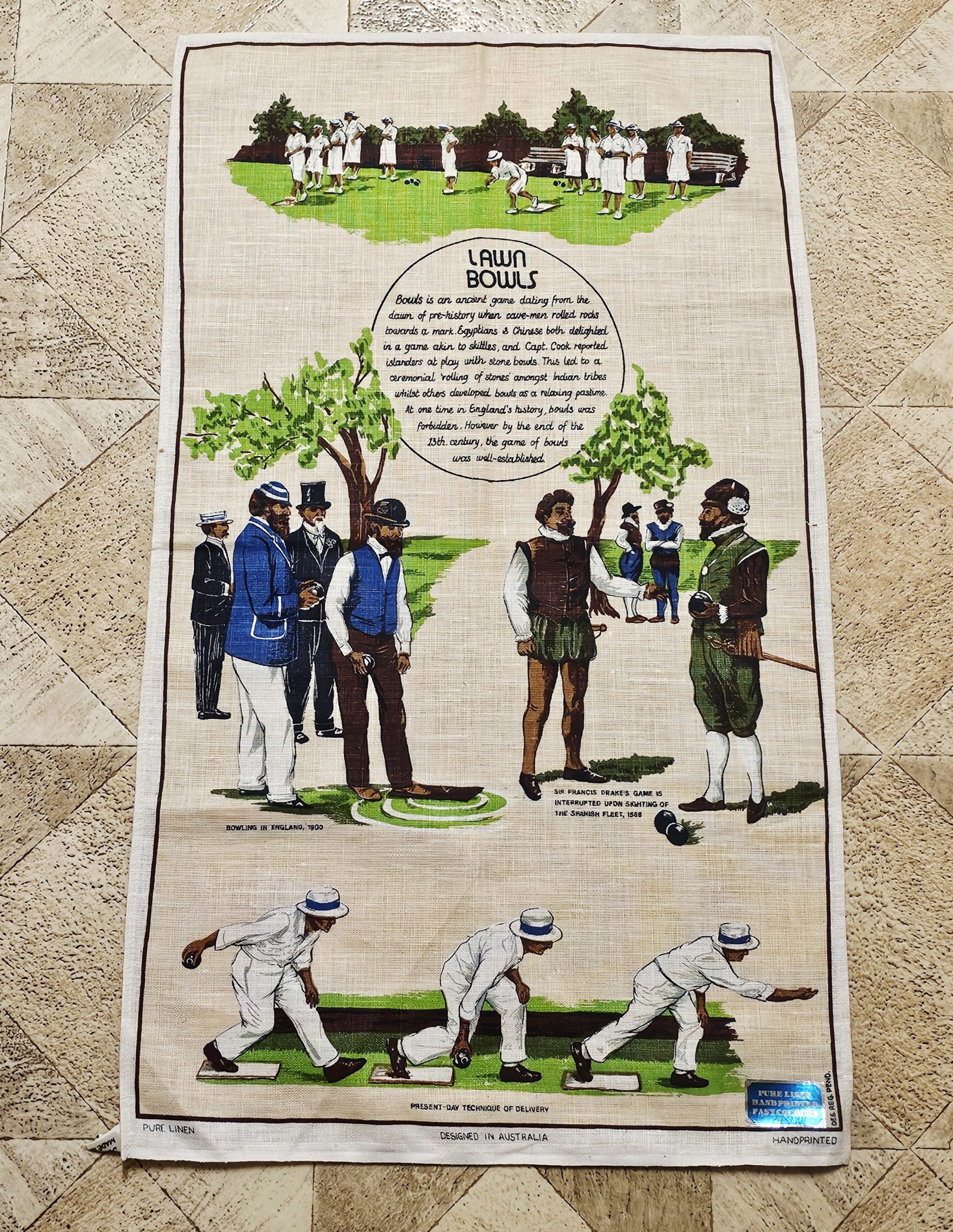 Teatowel - Lawn Bowls - morpeth antique centre hunter valley region vintage tea towel cotton linen australian international road trip irish polish czech lawn bowls history