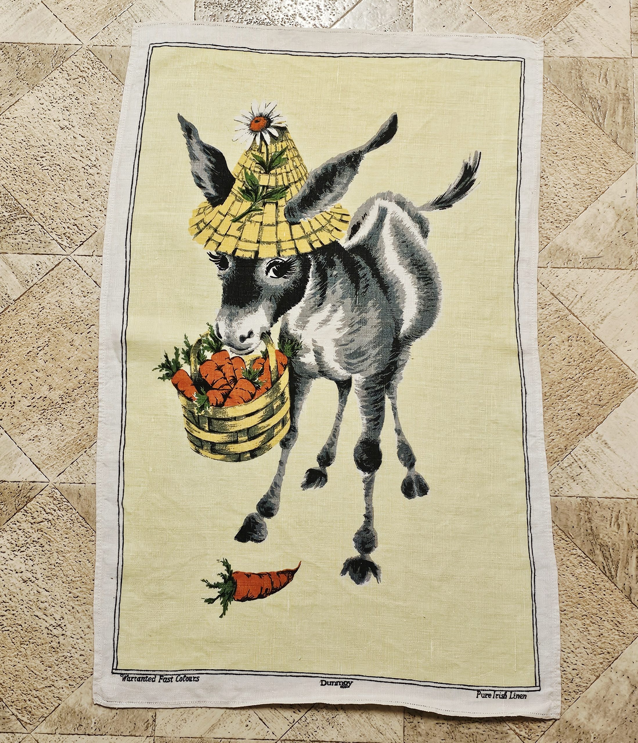 Teatowel - Donkey - morpeth antique centre hunter valley region vintage tea towel cotton linen australian international road trip irish polish czech donkey basket carrots