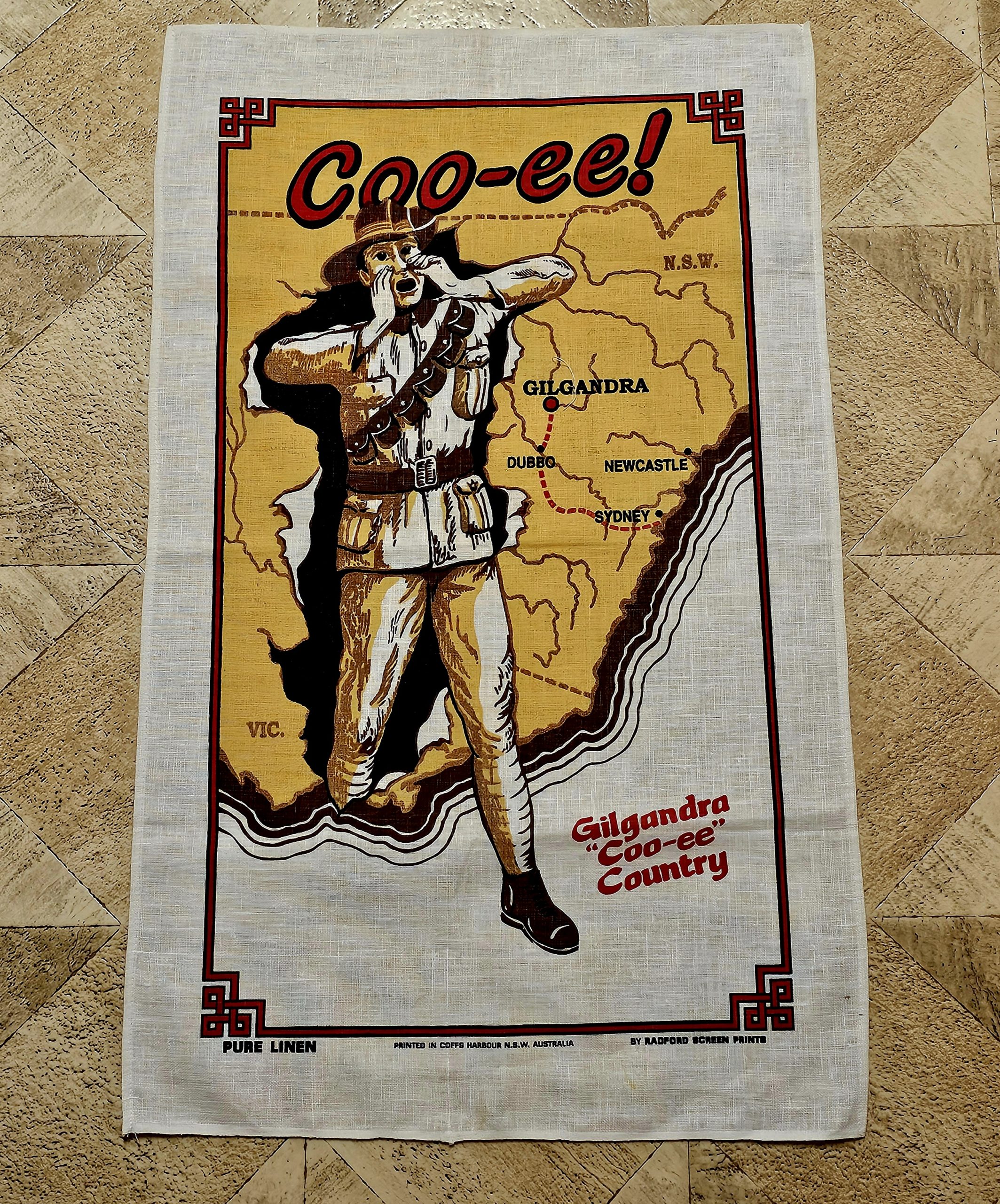 Teatowel - Gilgandra, Coo-ee. - morpeth antique centre hunter valley region vintage tea towel cotton linen australian international road trip irish polish czech gilgandra coo-ee country new south wales
