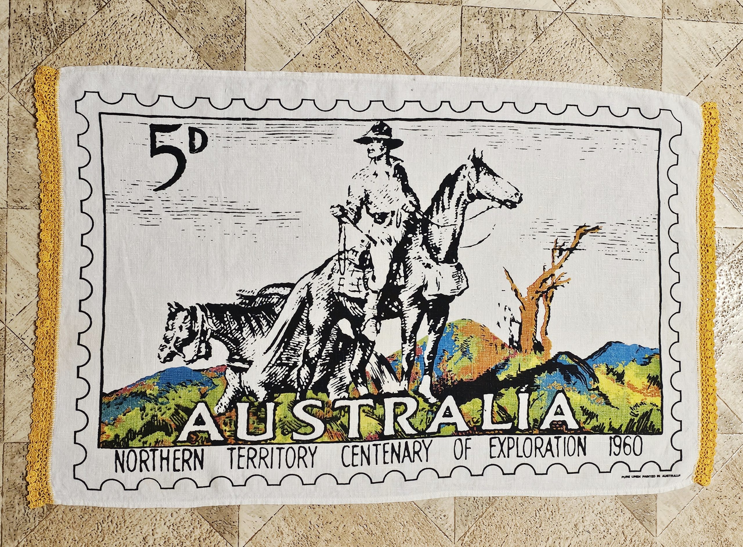 Teatowel - Northern Territory Centenary of Exploration - morpeth antique centre hunter valley region vintage tea towel cotton linen australian international road trip irish polish czech northern territory centenary exploration 1960 postage stamp