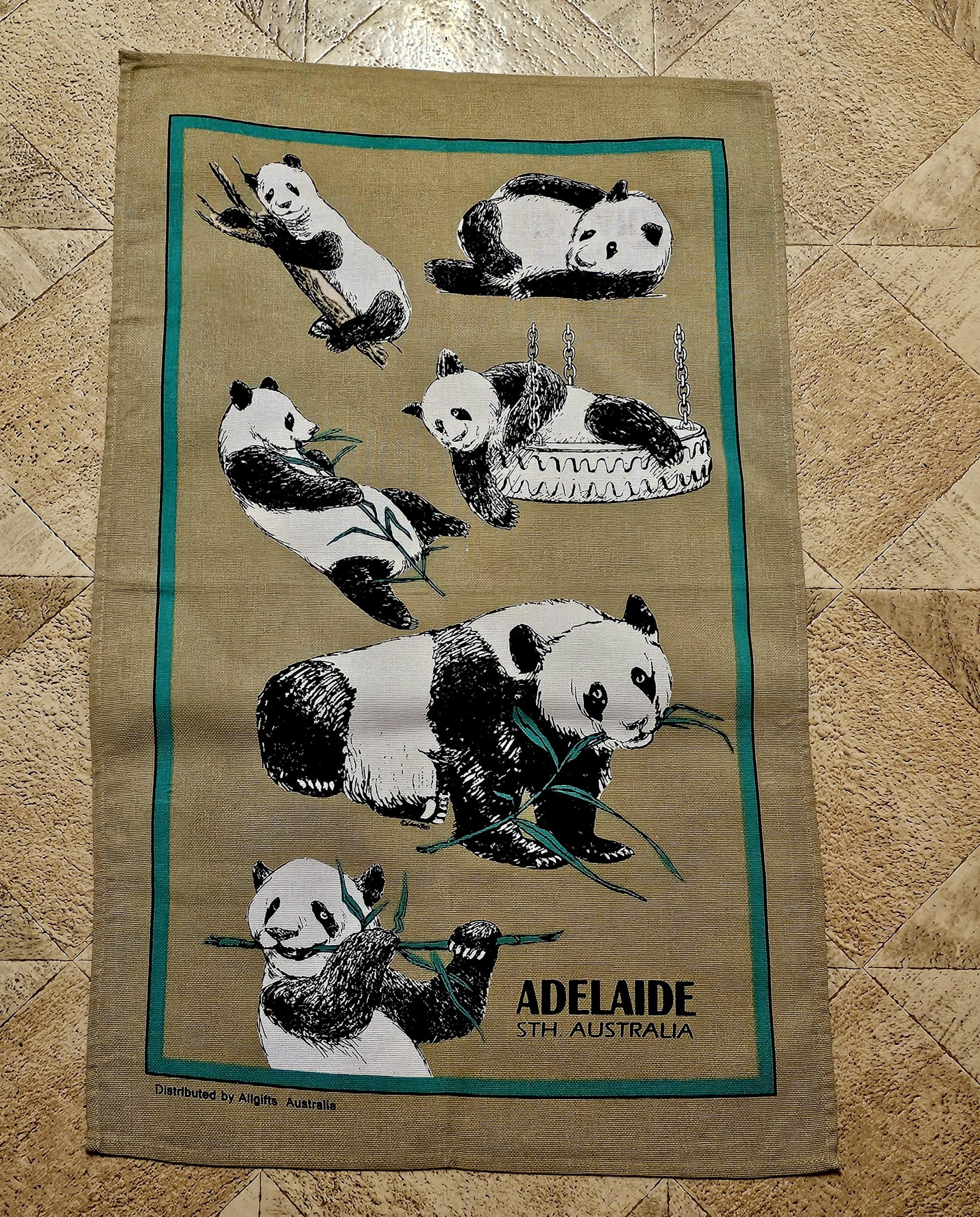 Teatowel - Adelaide, South Australia (Pandas) - morpeth antique centre hunter valley region vintage tea towel cotton linen australian international road trip irish polish czech adelaide south zoo pandas