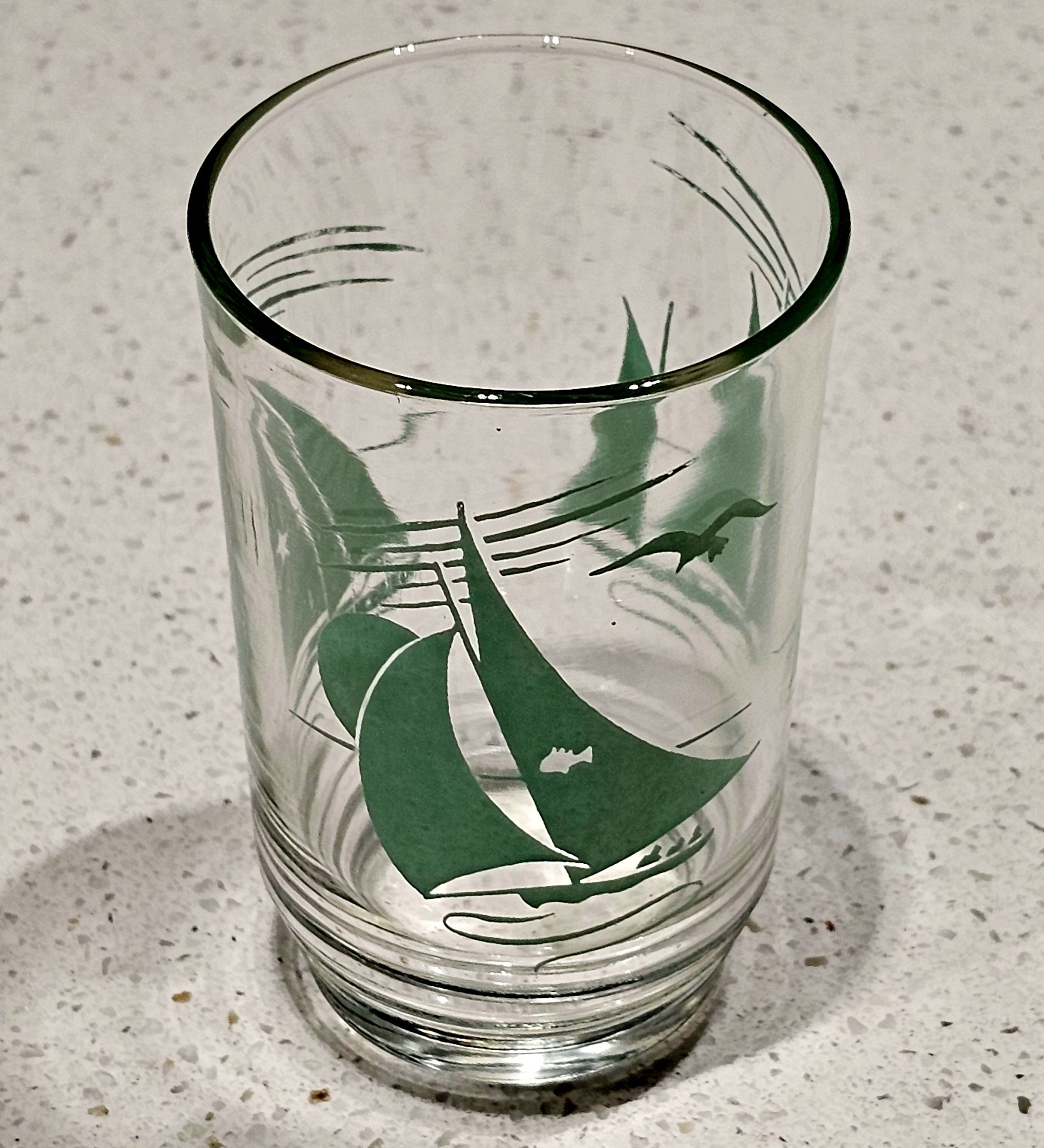Swanky Swig Glass - Sailing Yachts - morpth antique centre hunter valley region swanky swig glass condiment jar eta kraft cottees sanitarium barnes farmers union ship pirate clipper sail boat yacht sailing ocean lake