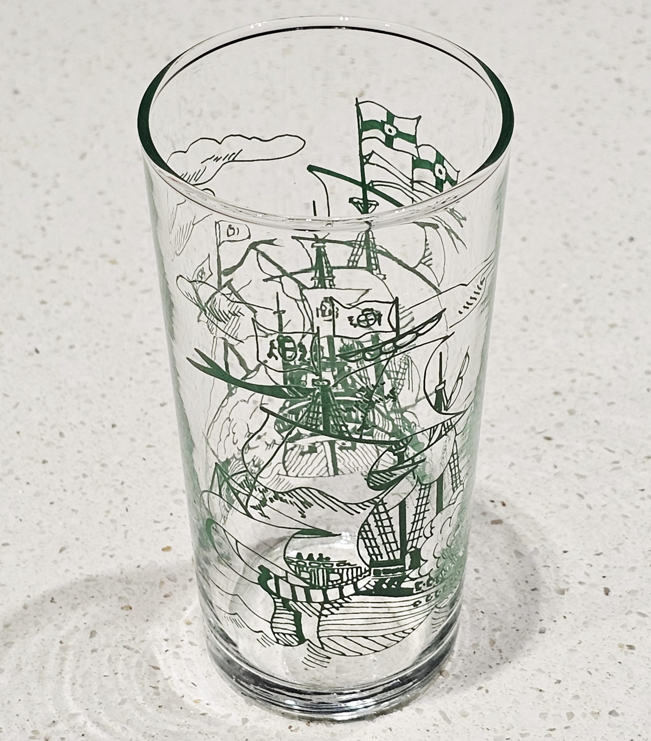 SWanky Swig Glass - Ship Green - morpth antique centre hunter valley region swanky swig glass condiment jar eta kraft cottees sanitarium barnes farmers union ship pirate clipper sail boat yacht sailing ocean lake