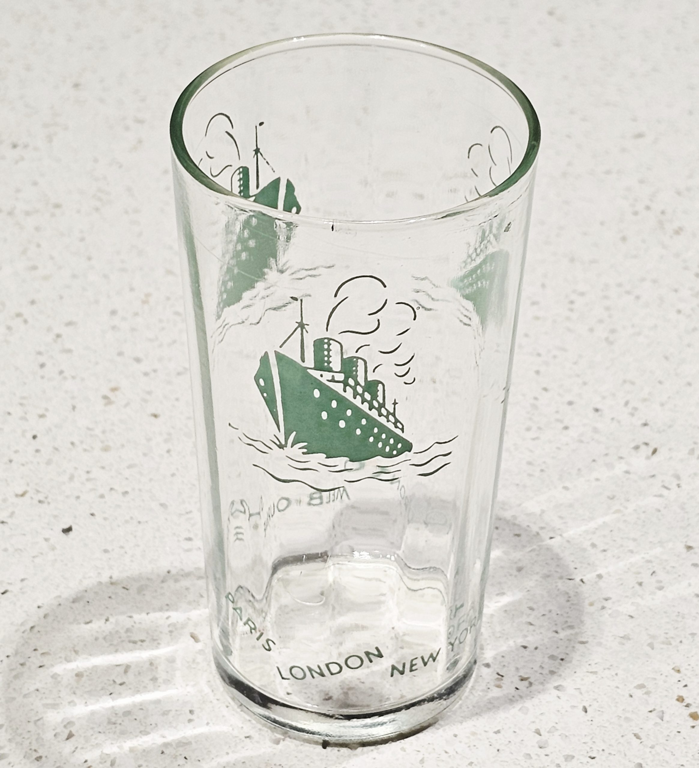 Swanky Swig Glass - Passenger Ocean Liner - morpth antique centre hunter valley region swanky swig glass condiment jar eta kraft cottees sanitarium barnes farmers union ship pirate clipper sail boat yacht sailing ocean lake cruise liner white star titanic britannia passenger