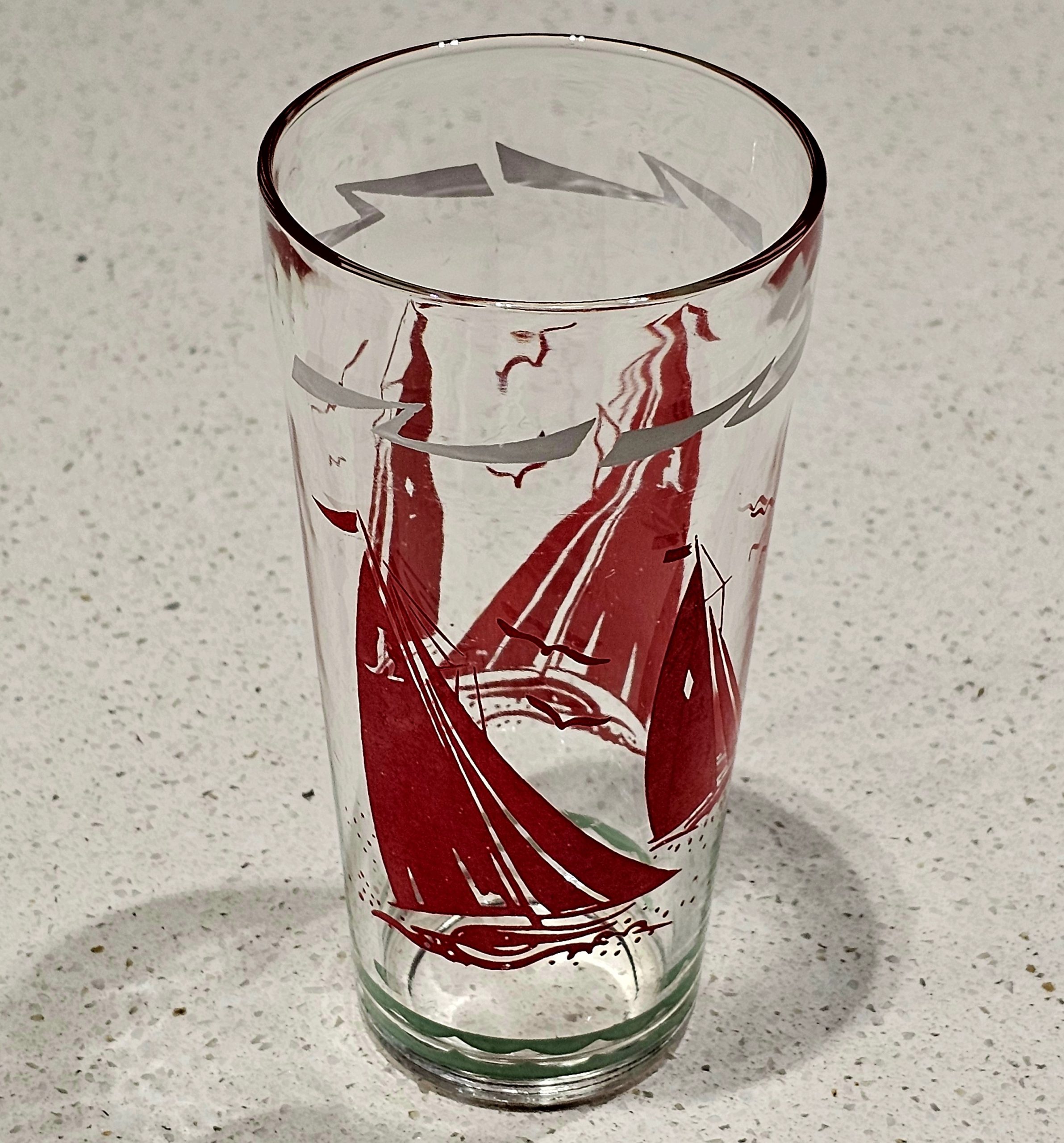 Swanky Swig Glass - Yachts - morpth antique centre hunter valley region swanky swig glass condiment jar eta kraft cottees sanitarium barnes farmers union ship pirate clipper sail boat yacht sailing ocean lake cruise liner white star titanic britannia cocktail shaker