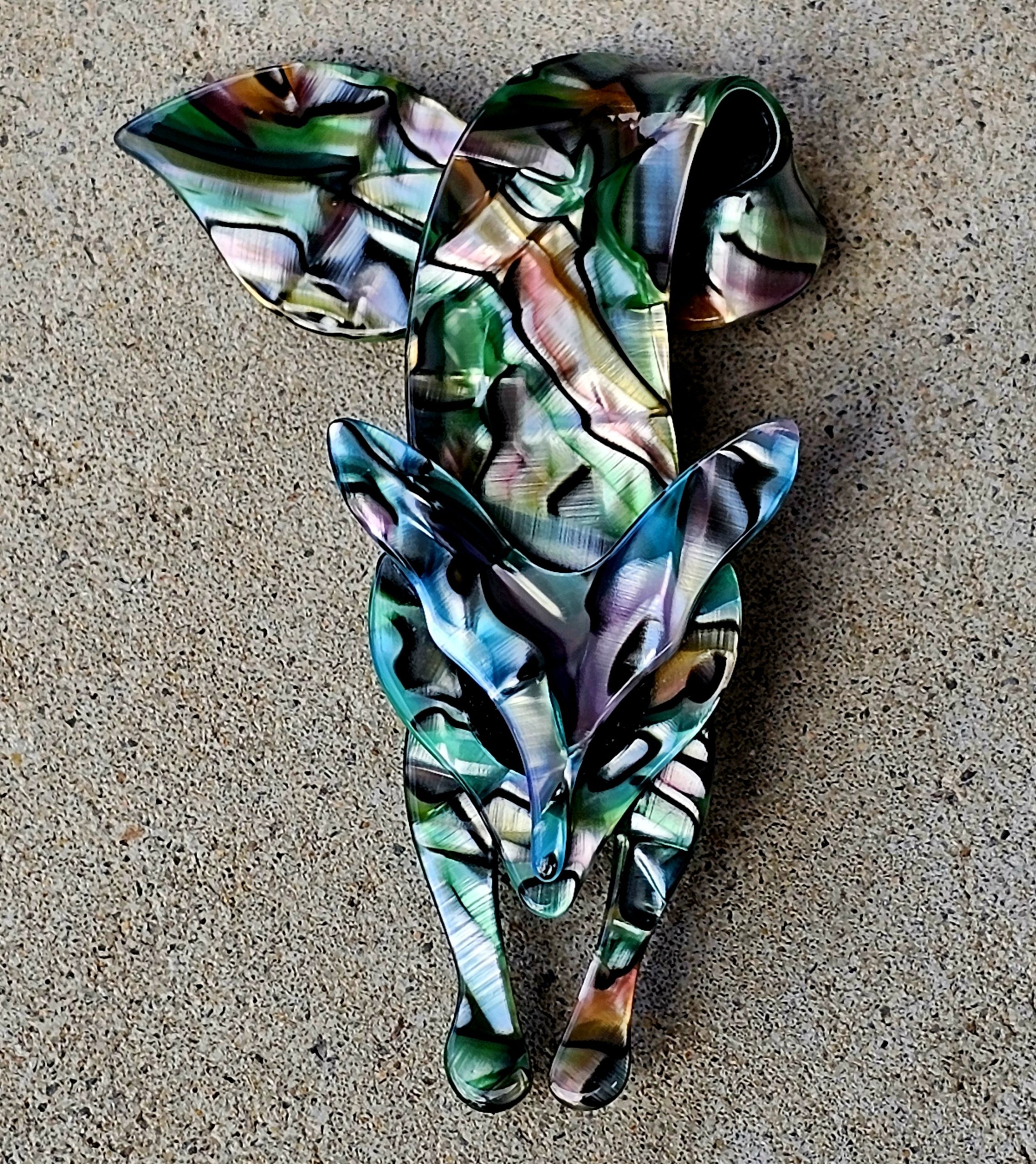 Lea Stein - Fox Brooch - morpeth antique centre hunter valley region resin brooch fox lea leah stein mother of pearl paua shell look design