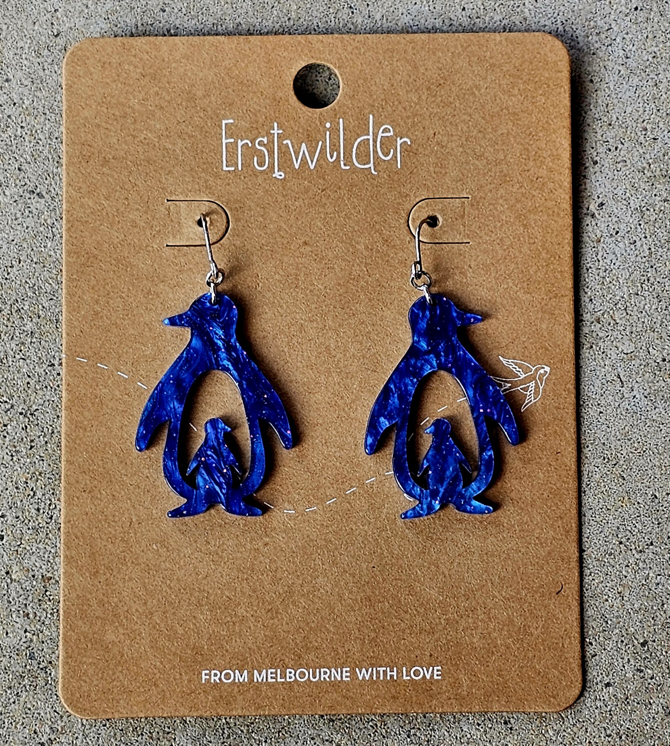 Erstwilder Earrings - Penguins - morpeth antique centre hunter valley region erstwilder the rarest kind endangered threatened species brooch earrings enamel pin double penguin blue