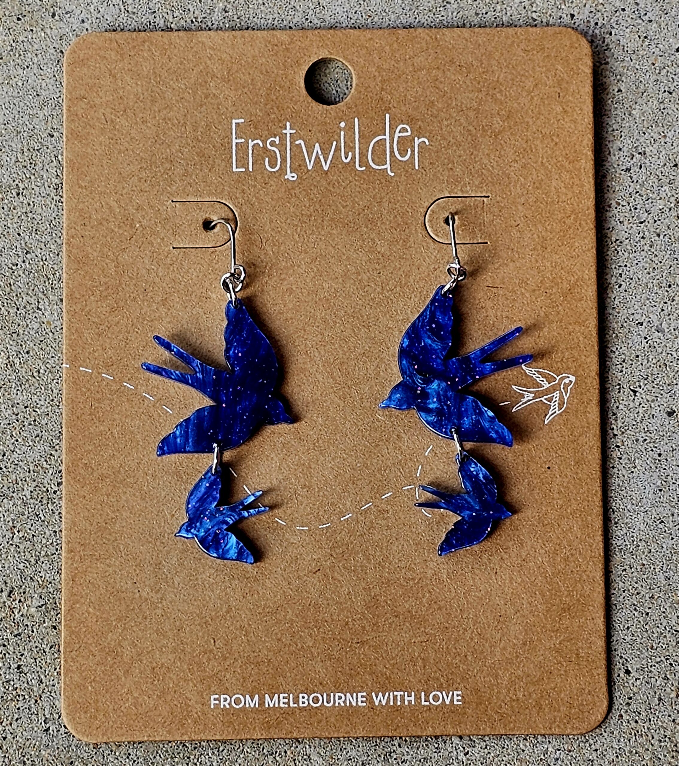 Erstwilder Earrings - Swallows Blue - morpeth antique centre hunter valley region erstwilder the rarest kind endangered threatened species brooch earrings enamel pin double bird blue