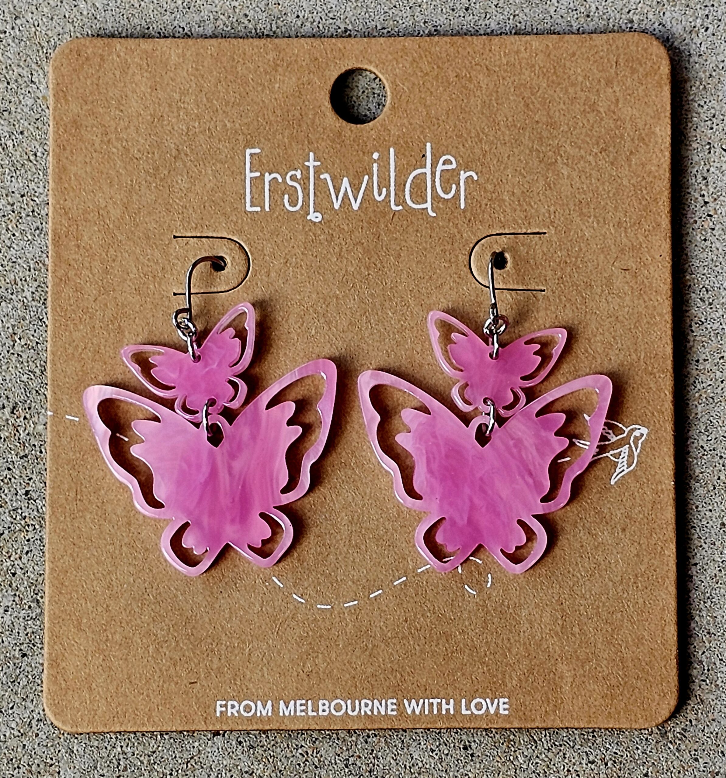 Erstwilder Earrings - Butterfly Pink - morpeth antique centre hunter valley region erstwilder the rarest kind endangered threatened species brooch earrings enamel pin double butterfly pink