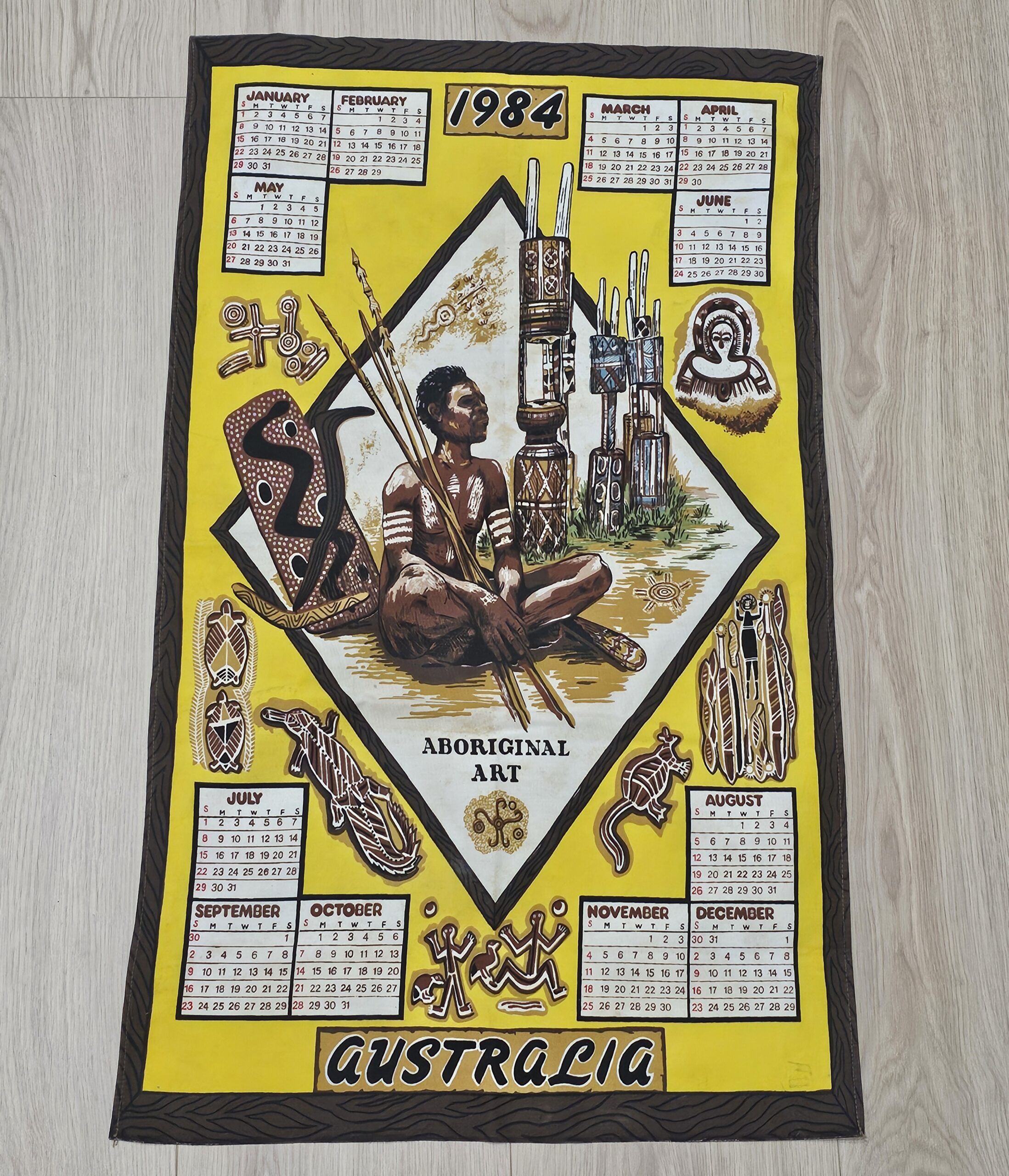 Teatowel - Calendar 1984 (Aboriginal Art) - morpeth antique centre hunter valley region linen cotton blend irish tea towel vintage road trip destination holiday pre loved calendar 1984 aboriginal art