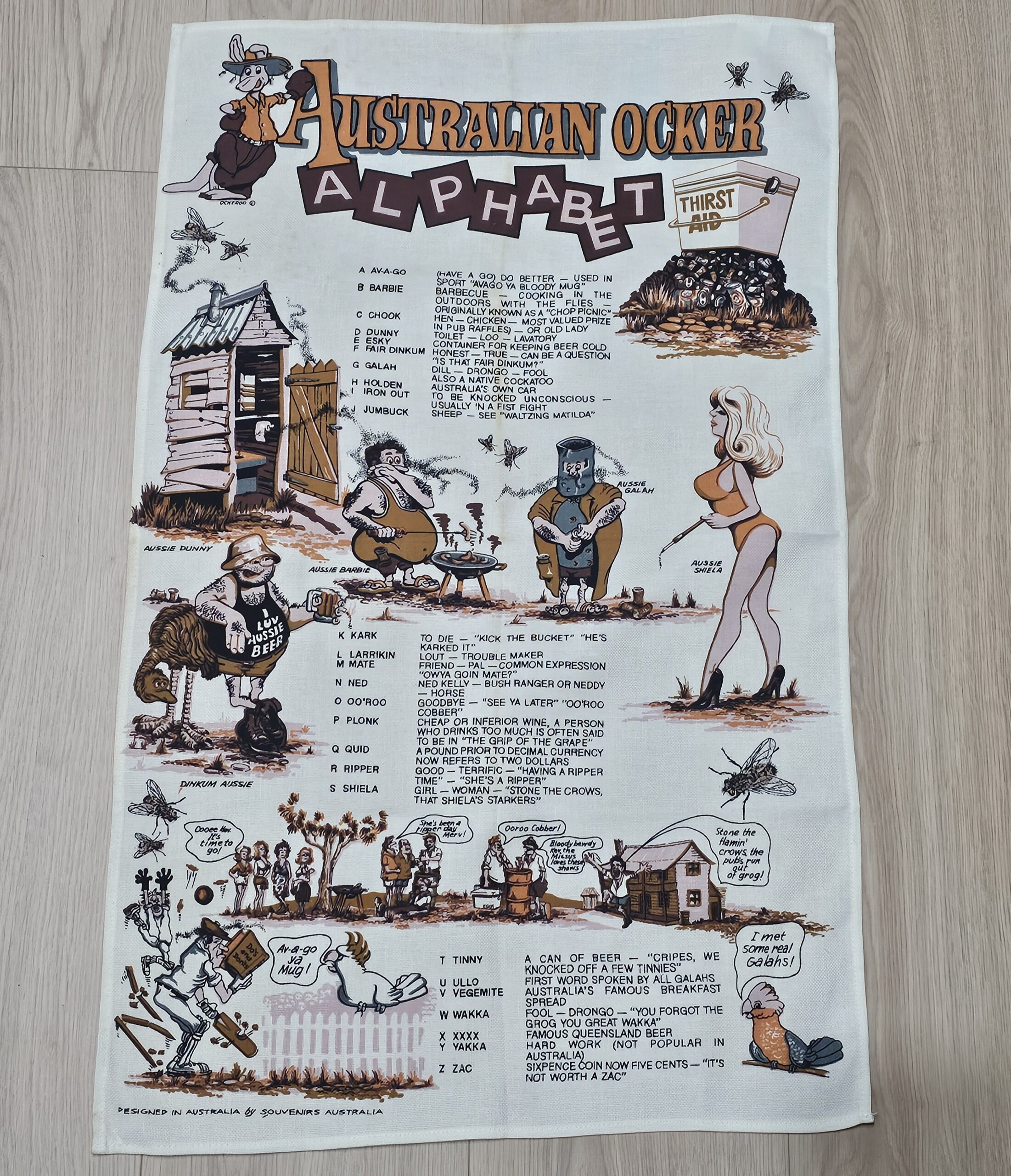 Teatowel - Australian Alphabet - morpeth antique centre hunter valley region linen cotton blend irish tea towel vintage road trip destination holiday pre loved australian slang ocker alphabet