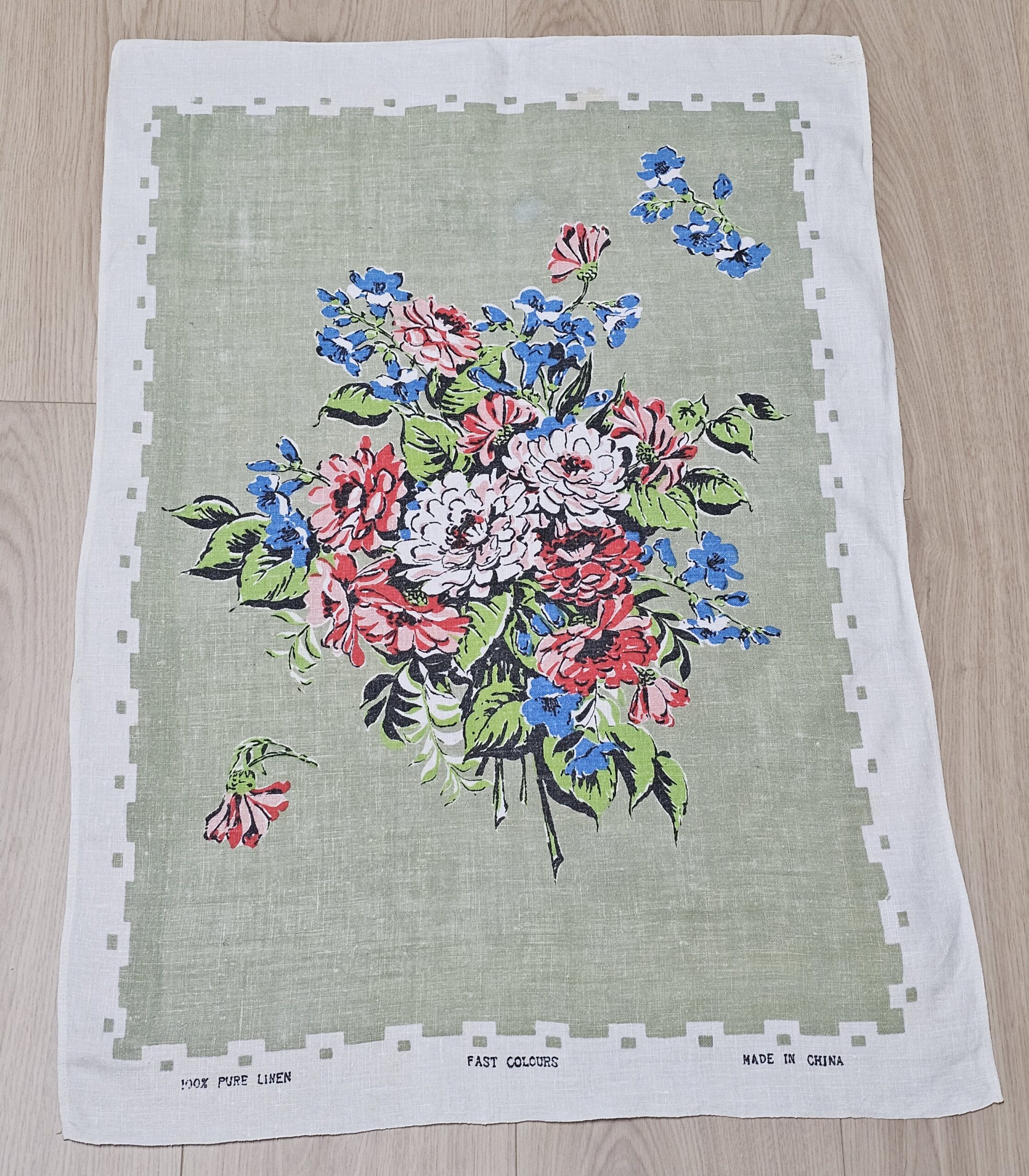 Teatowel - Floral Bouquet (Sage Green Background) - morpeth antique centre hunter valley region linen cotton blend irish tea towel vintage road trip destination holiday pre loved floral bouquet